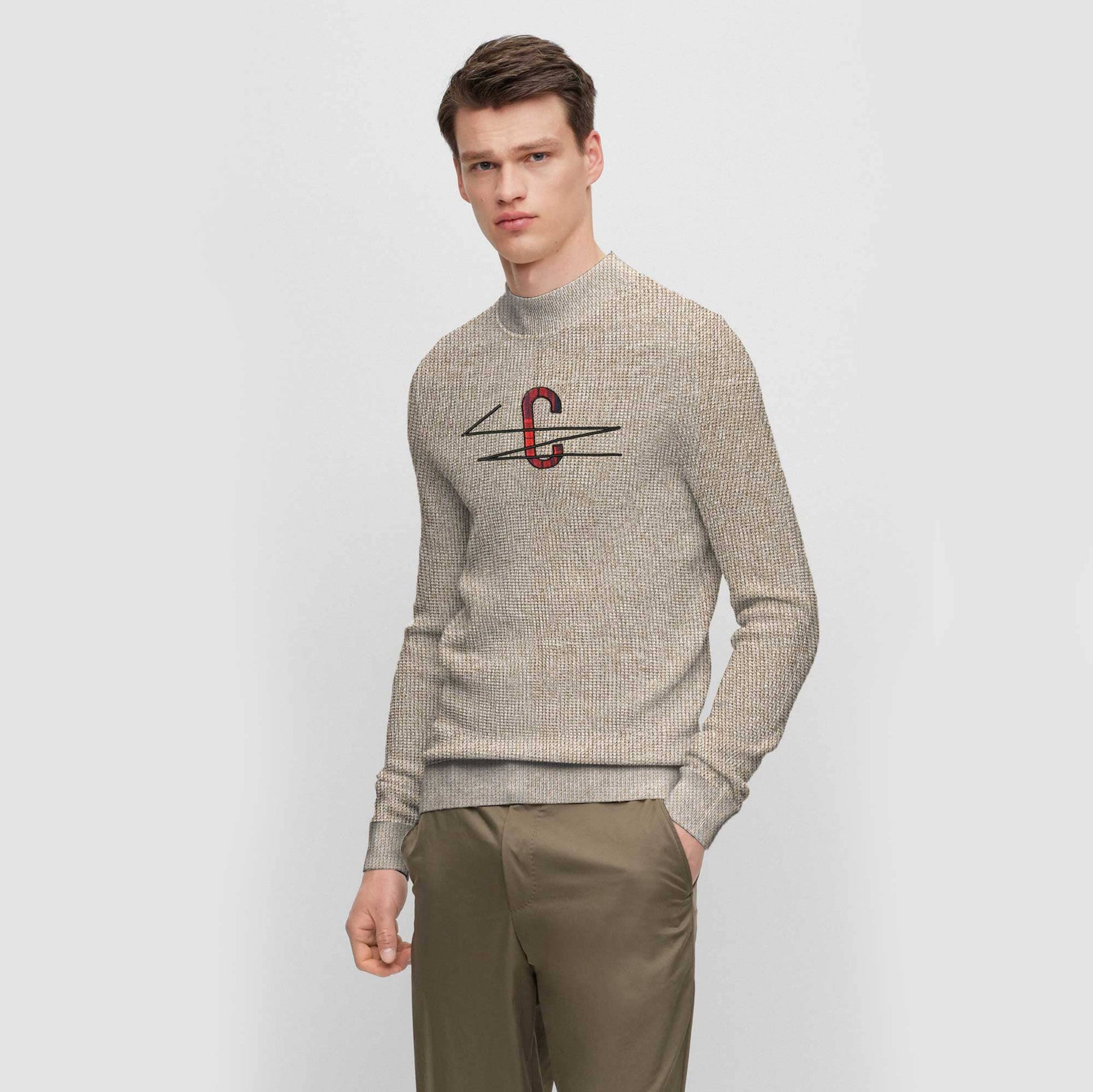 Men's C Pattern Style Mock Neck Sweater Men's Sweat Shirt First Choice Oatmeal M 