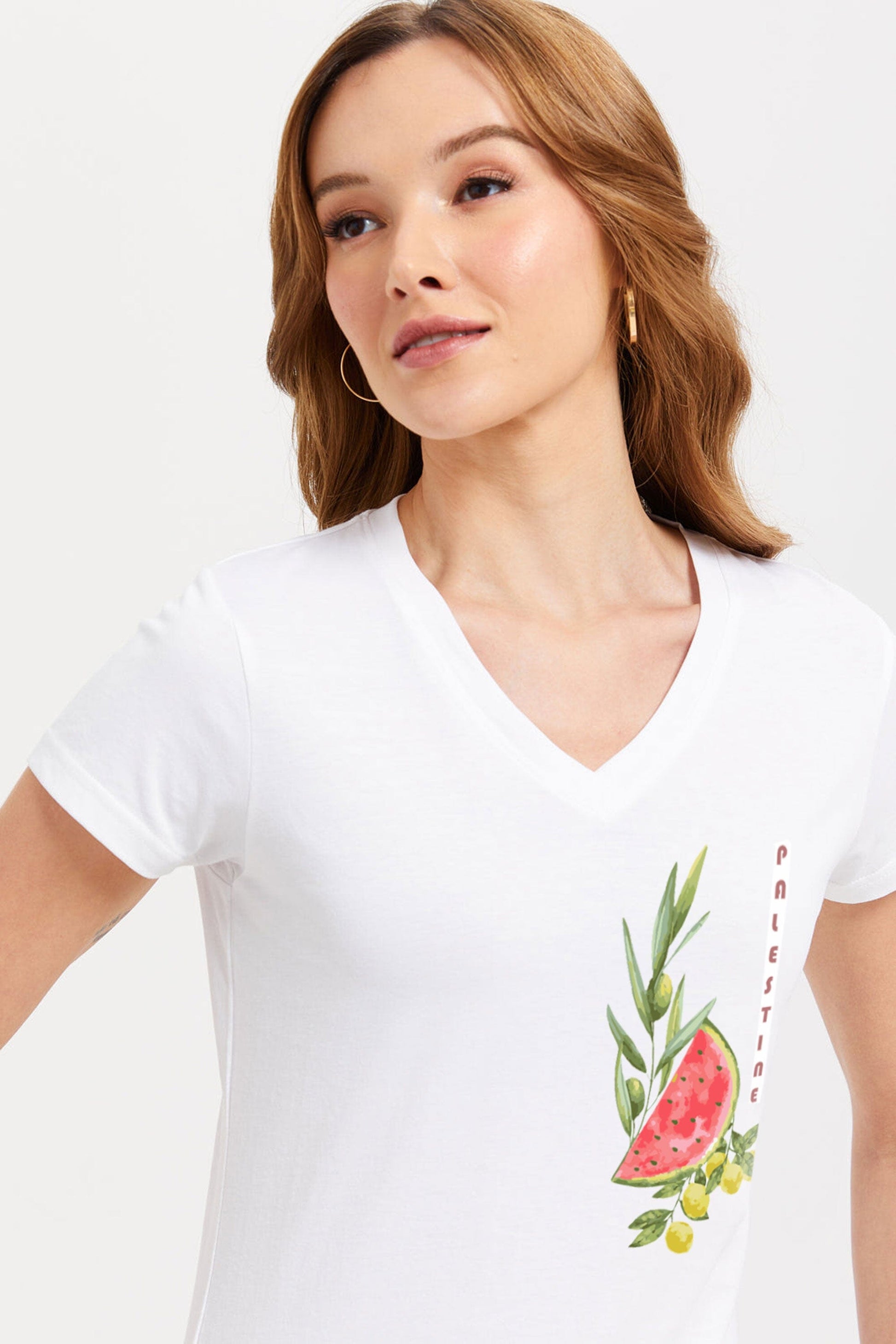 BYD Women's Palestine Fruit Of The Nation Printed V- Neck Tee Shirt Women's Tee Shirt Image 