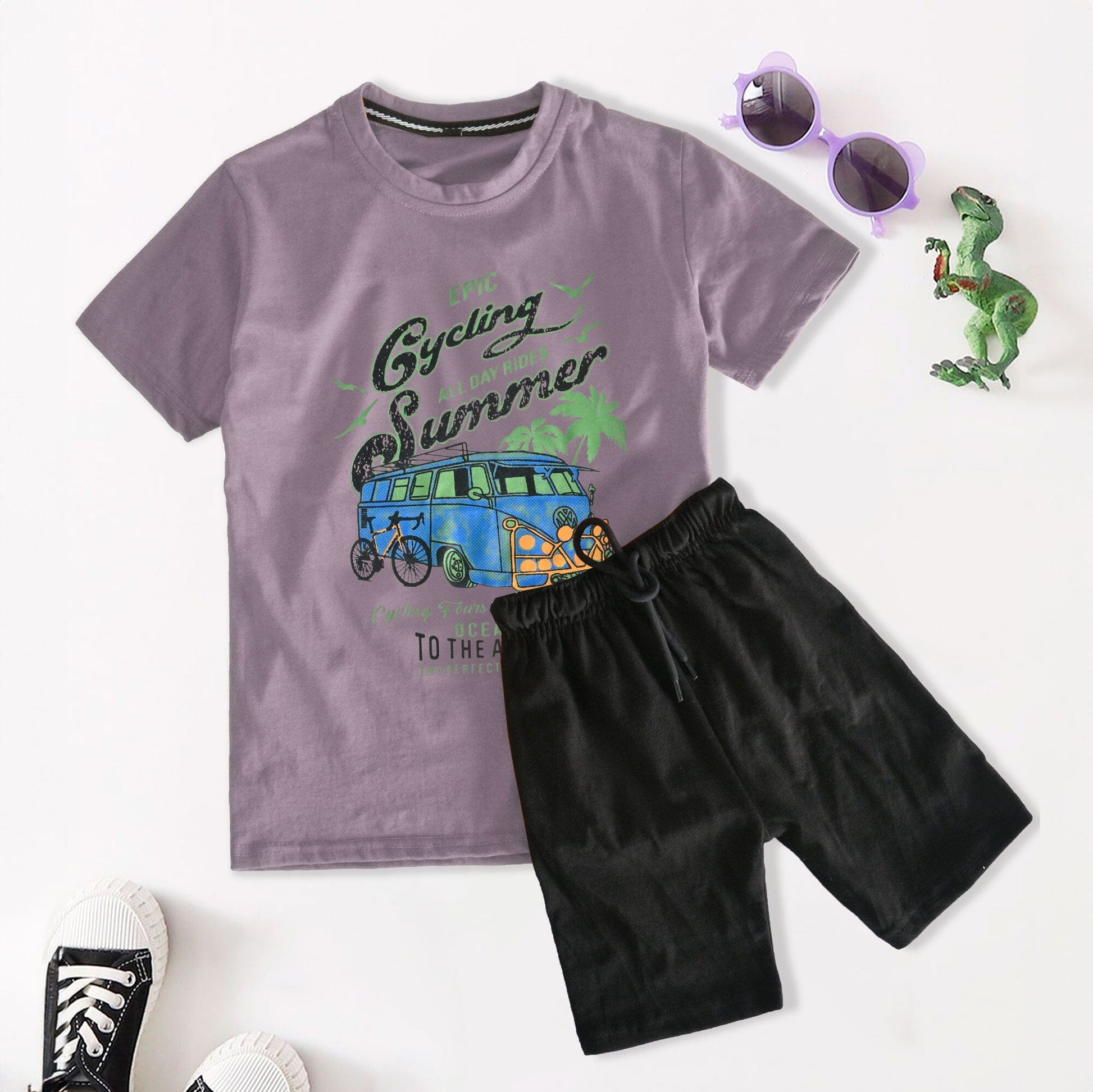 Epic Kid's Summer Cycling Printed Tee Shirt & Shorts Set Boy's Suit Set HM Garments (Sale Basis) Purple & Black 1-2 Years 