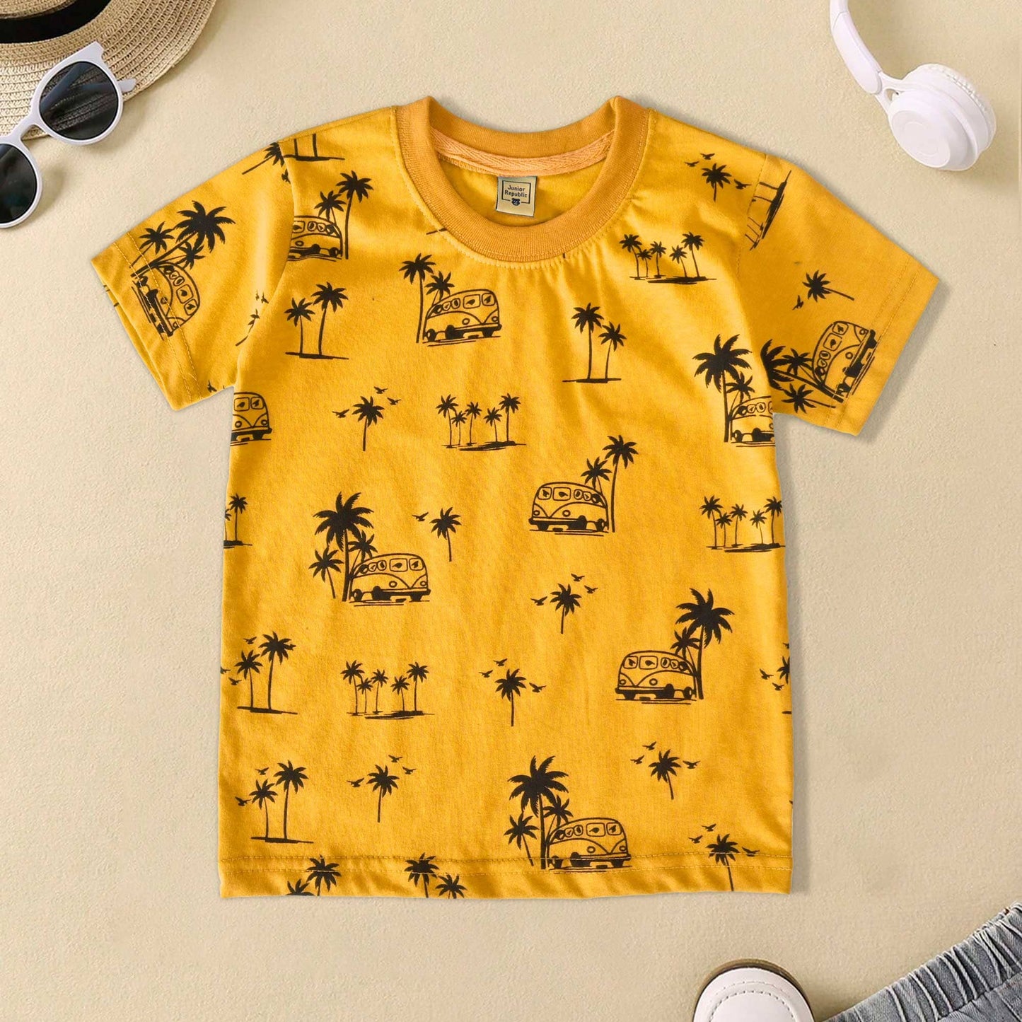 Junior Republic Kid's Tree Printed Crew Neck Tee Shirt Boy's Tee Shirt JRR Yellow 1-2 Years 