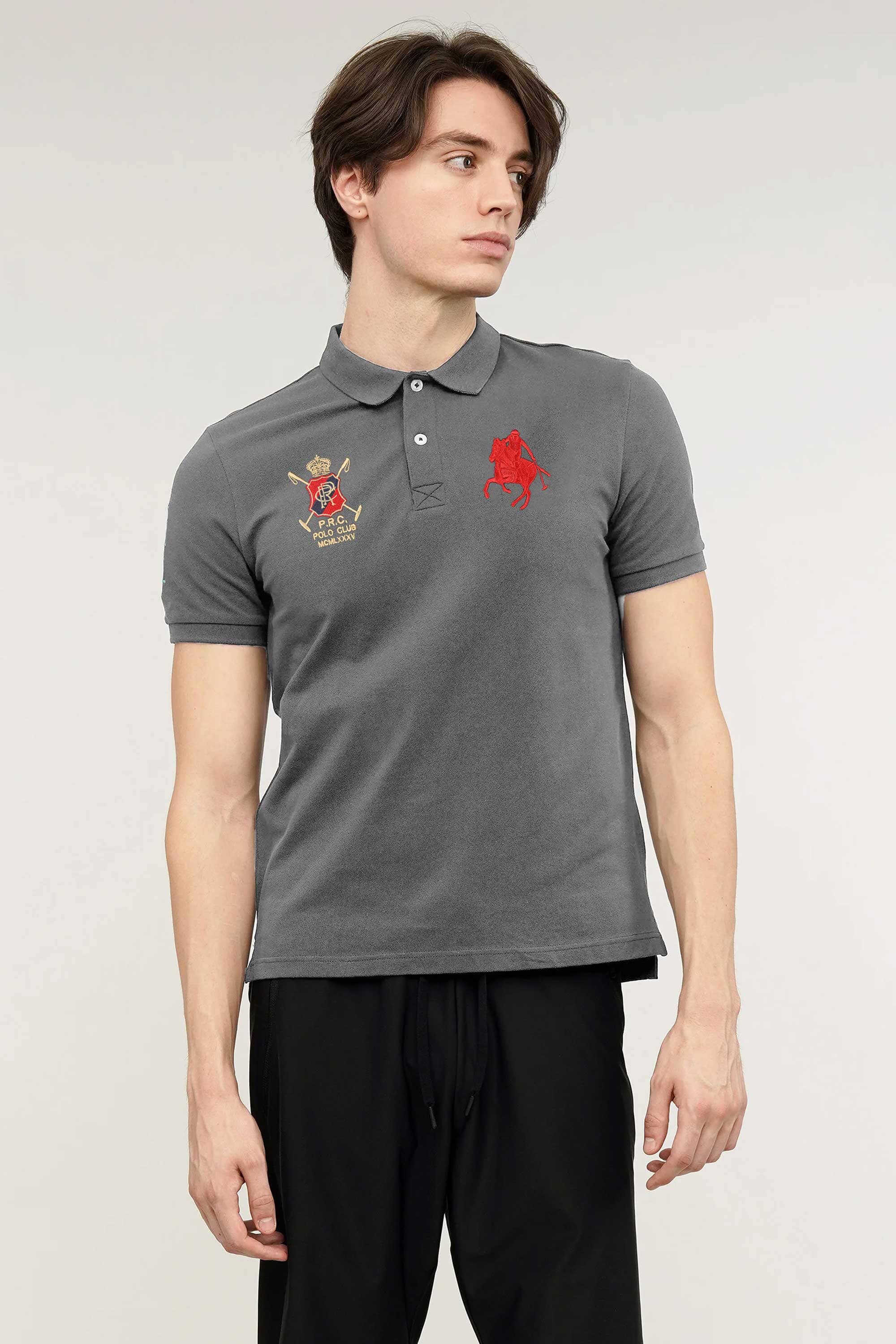 Grey polo shirt shop with red horse