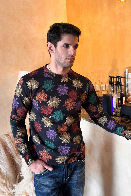 Max 21 Men's Leaf Printed Long Sleeve Fleece Sweat Shirt Men's Sweat Shirt SZK PAKISTAN (Sale Basis) Black S 