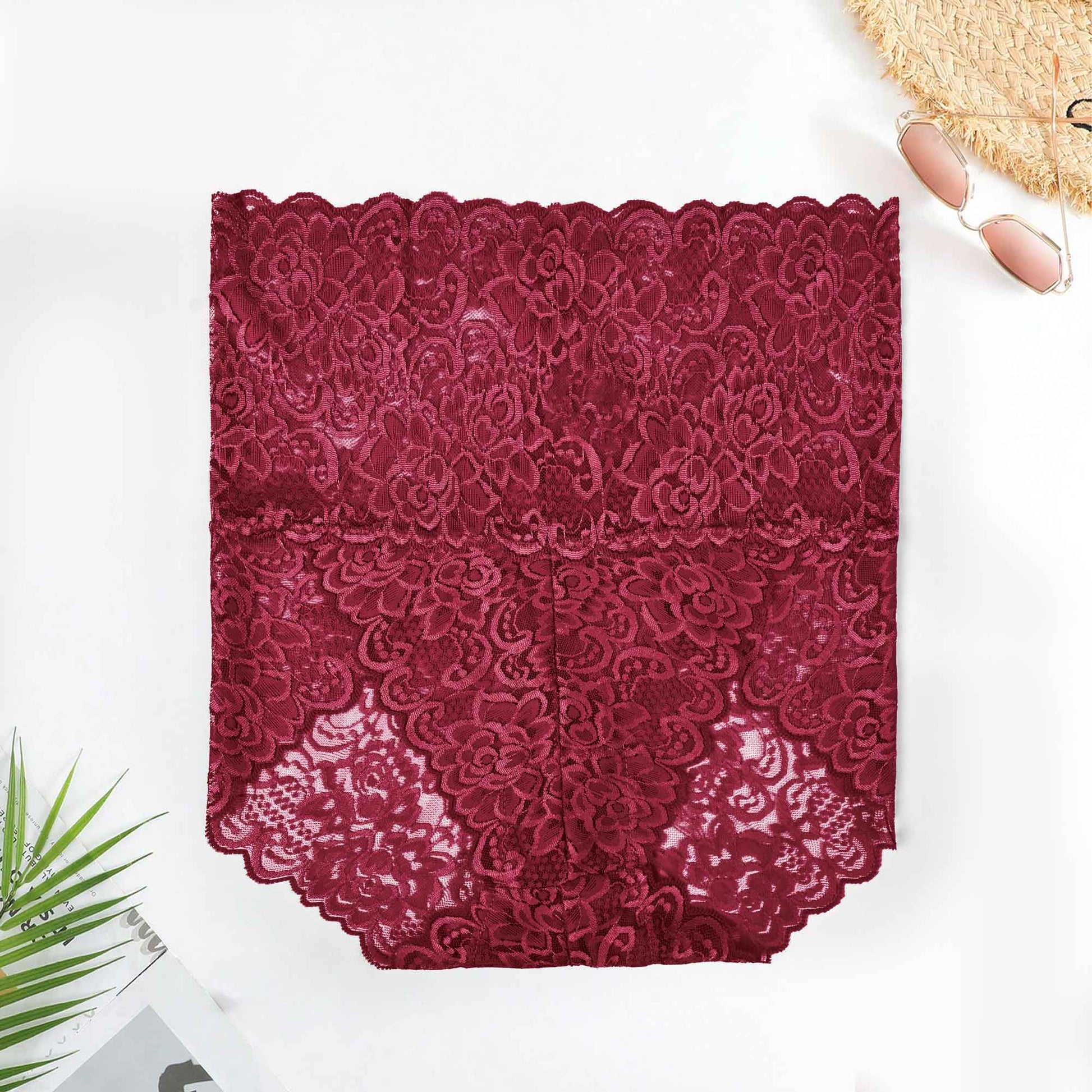 Women's High Waist Floral Lace Net Underwear Women's Lingerie SRL Maroon M 