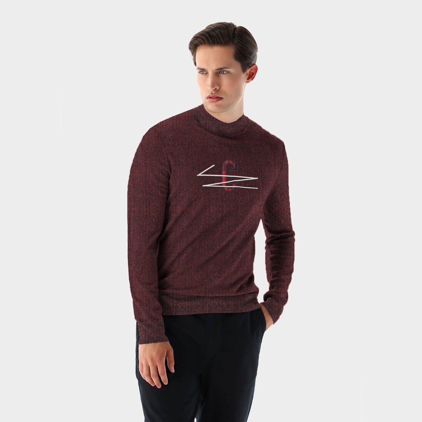 Men's C Pattern Style Mock Neck Sweater Men's Sweat Shirt First Choice Maroon M 