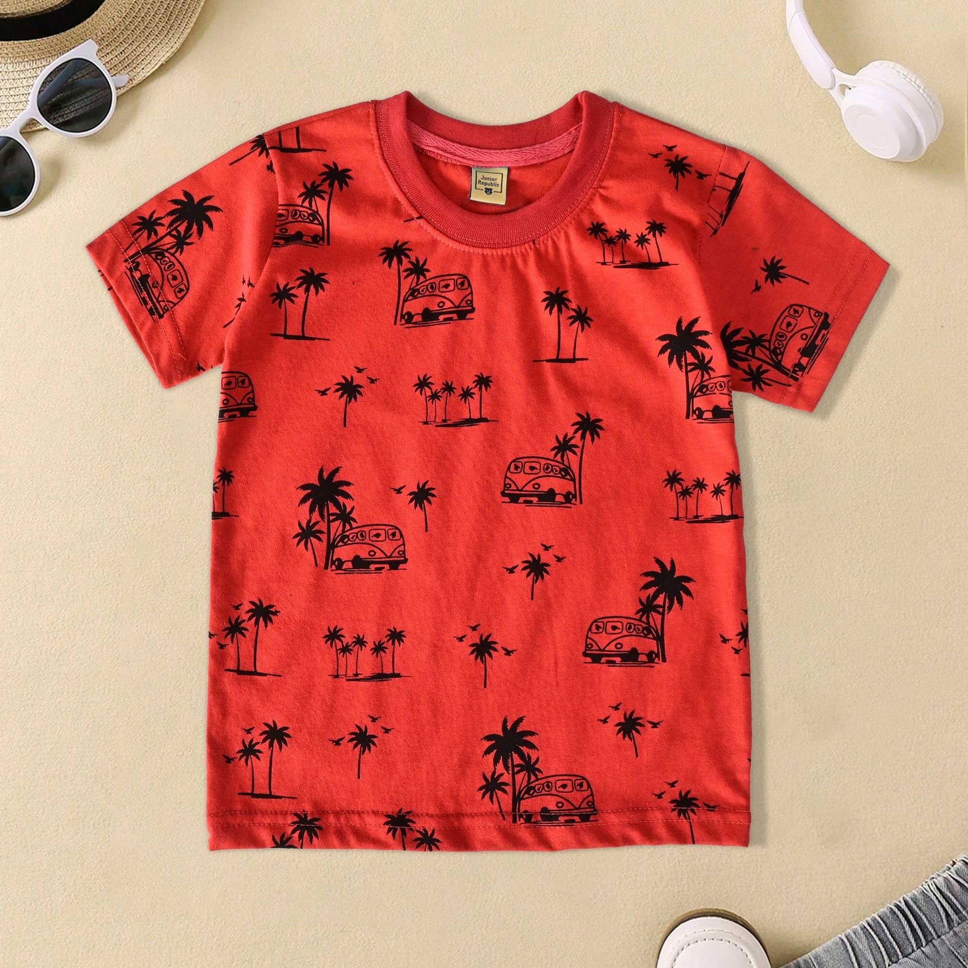 Junior Republic Kid's Tree Printed Crew Neck Tee Shirt Boy's Tee Shirt JRR Red 1-2 Years 