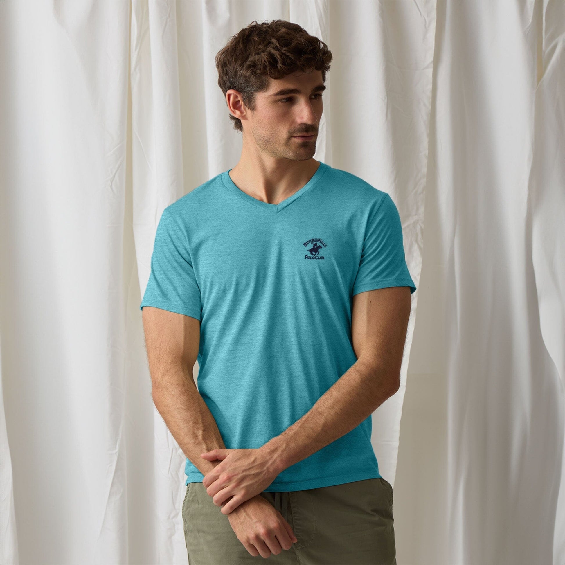 Beverly Hills Men's Polo Club Embroidered V Neck Tee Shirt Men's Tee Shirt HAS Apparel Aqua Blue S 