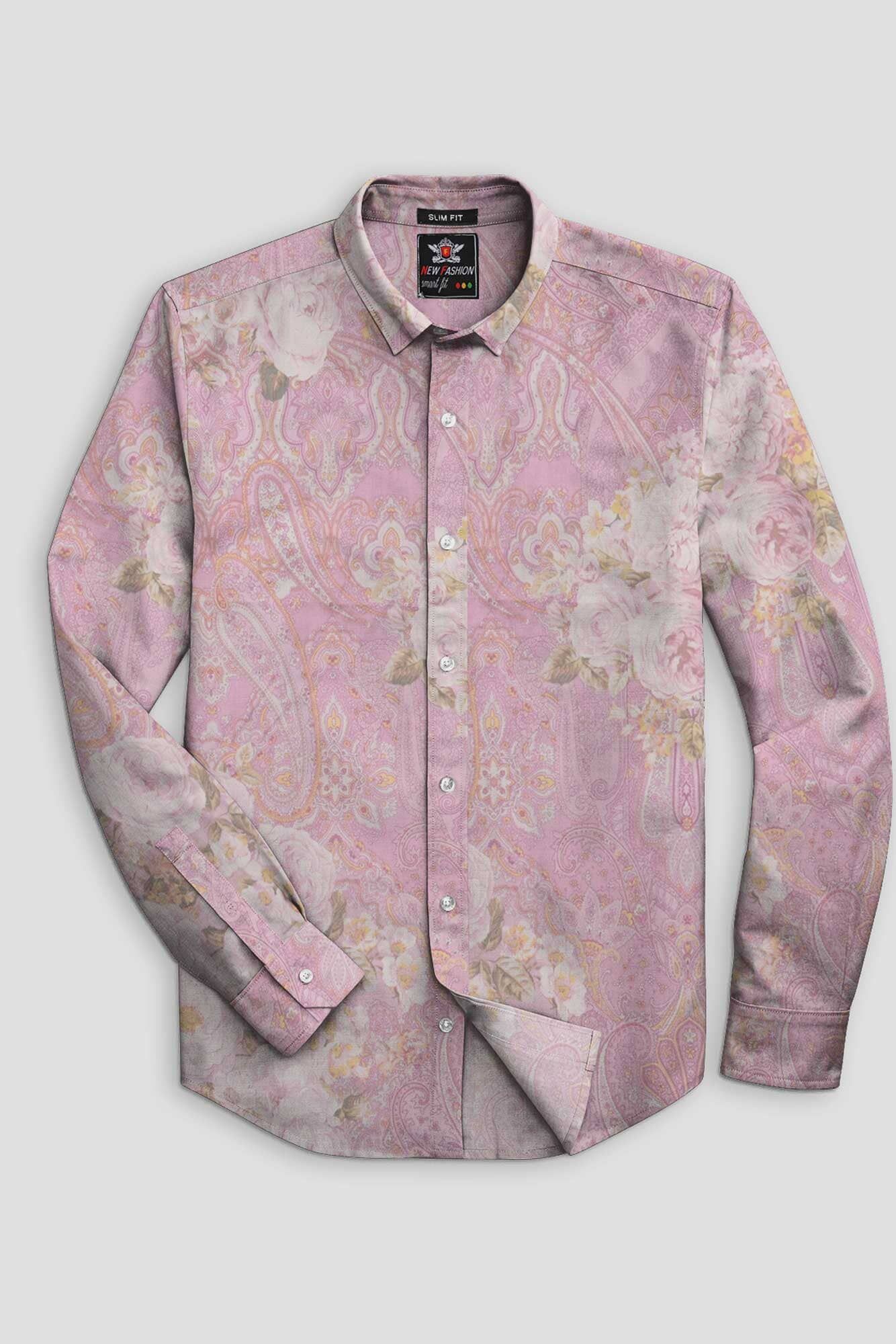 Fashion Men's Rose Printed Slim Fit Casual Shirt Men's Casual Shirt First Choice Pink S 