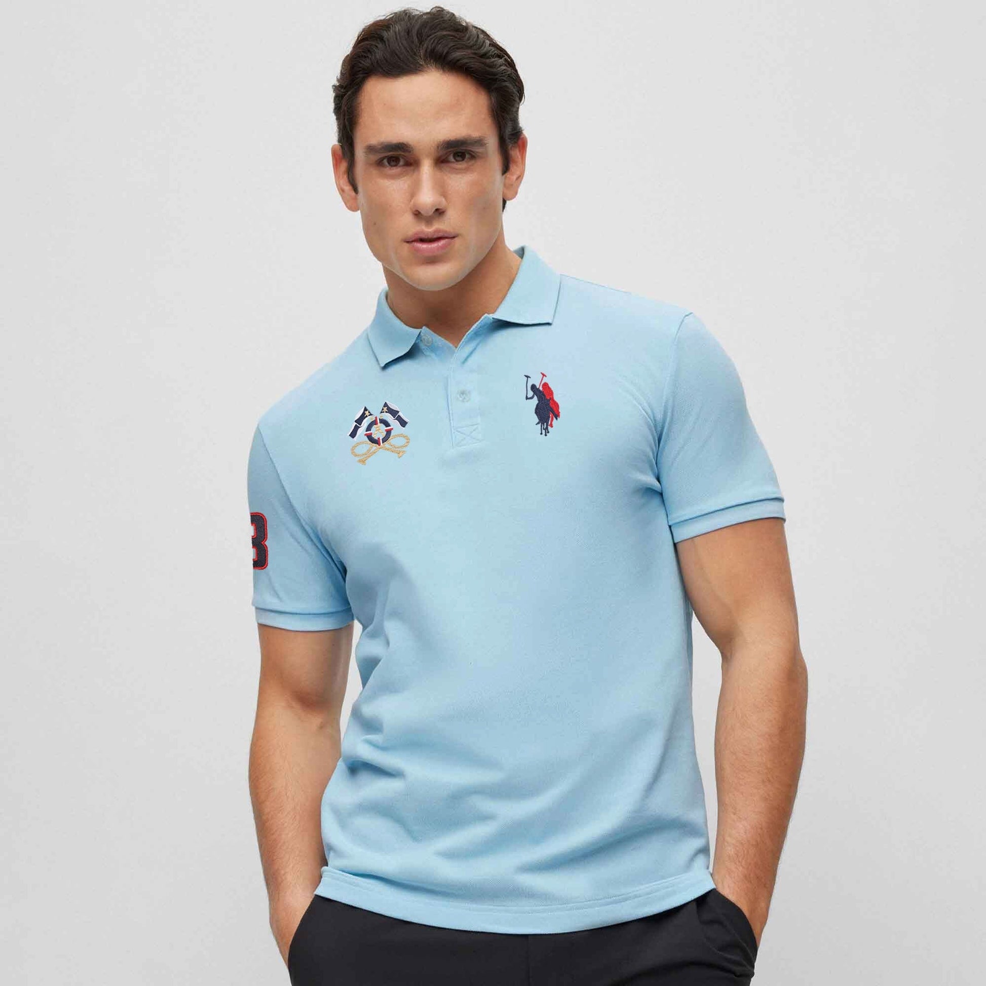 Polo Republica Men's Double Horse Rider & Flag Crest Embroidered Short Sleeve Polo Shirt Men's Polo Shirt Polo Republica Sky S 