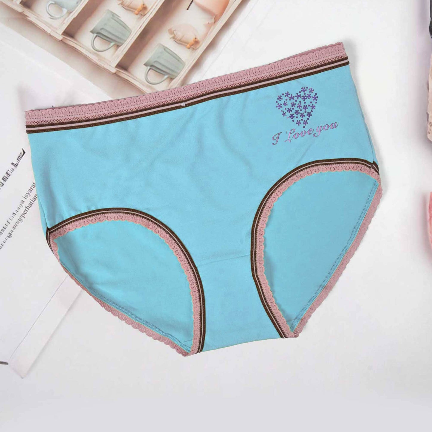 Fashion Women's Heart Printed Lace Design Underwear Women's Lingerie RAM Aqua Blue 30-32 