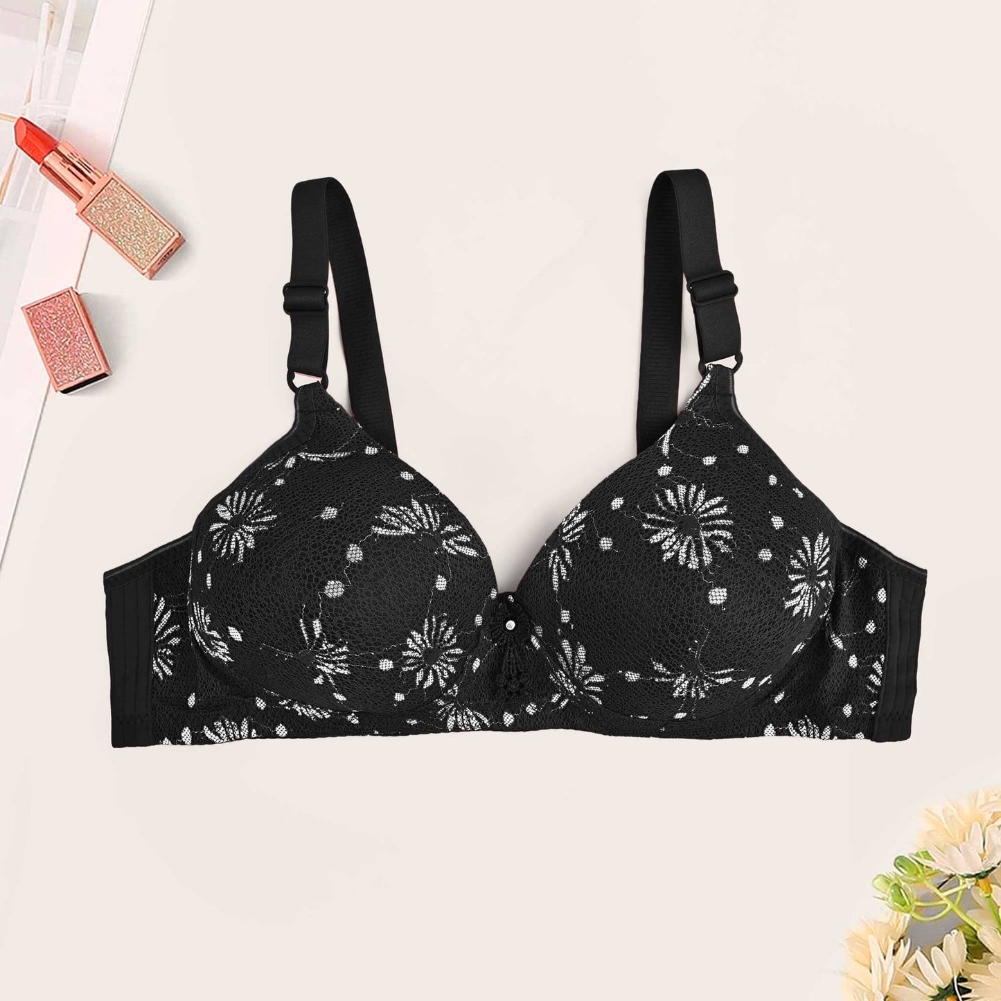 Liangnjia Women's Daisy Floral Push Up Padded Bra Women's Lingerie SRL Black 30 