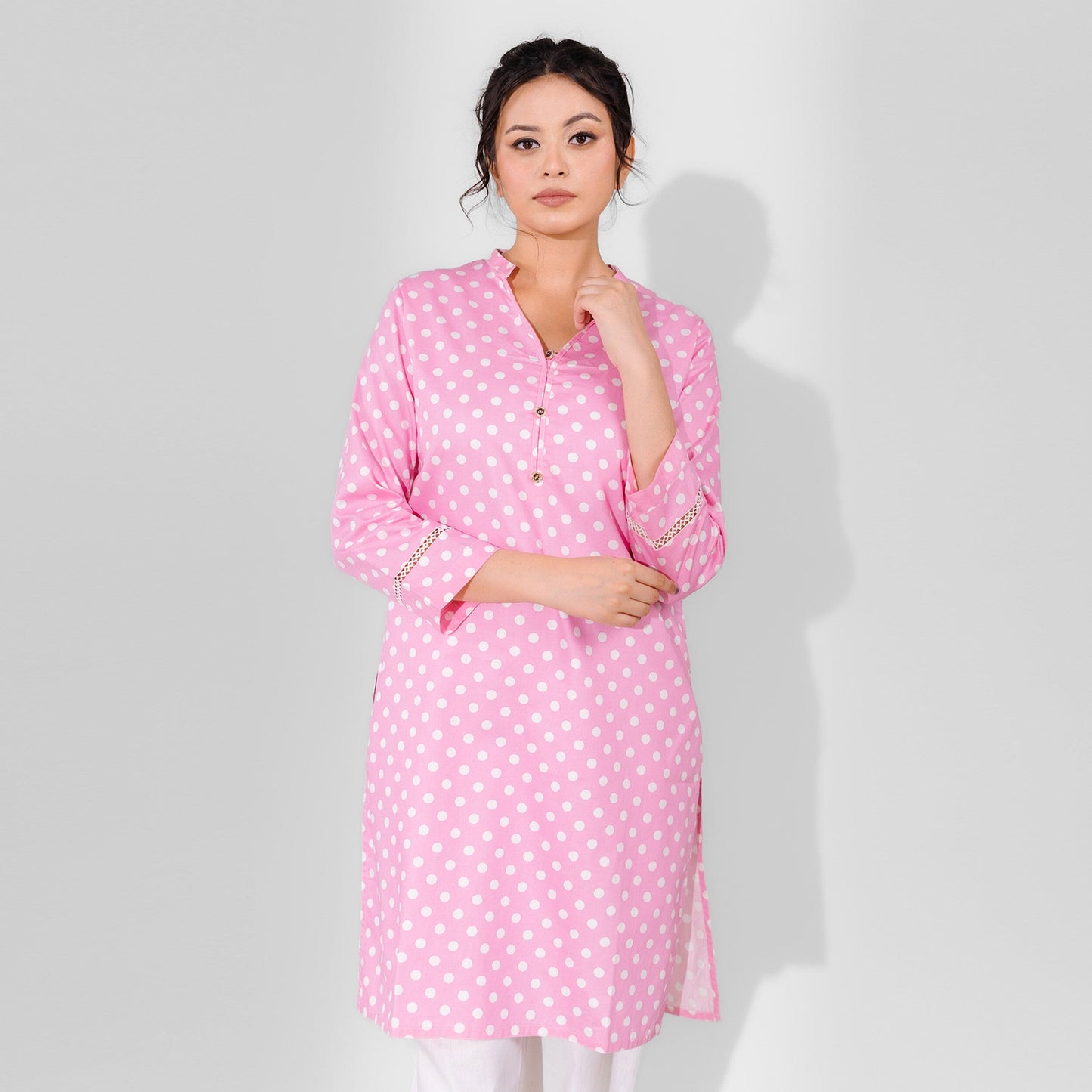 Hud Hud Women's Dots Printed V Neck Style Stitched Kurti Women's Kurti MHJ Pink S 