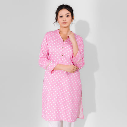 Hud Hud Women's Dots Printed V Neck Style Stitched Kurti Women's Kurti MHJ Pink S 