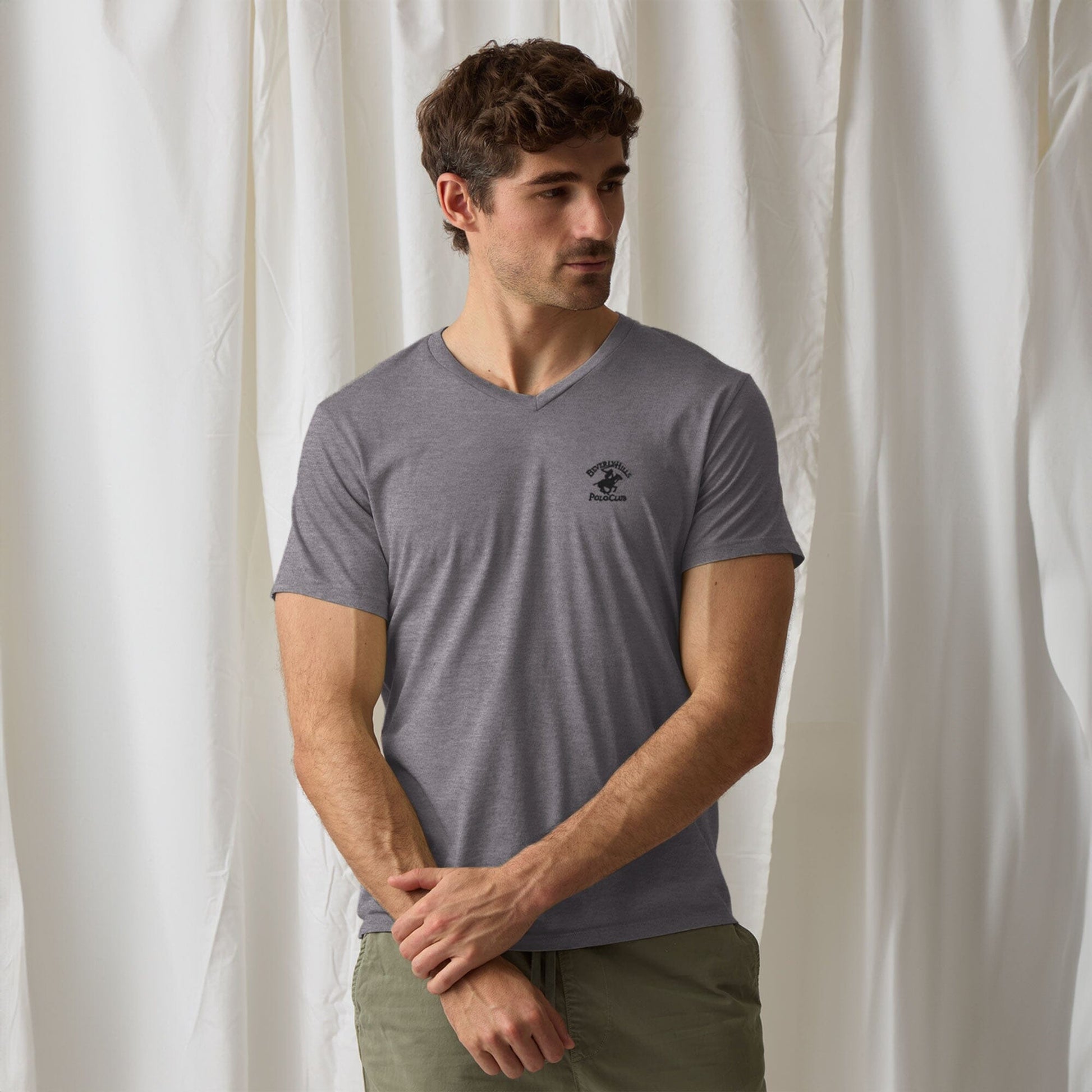 Beverly Hills Men's Polo Club Embroidered V Neck Tee Shirt Men's Tee Shirt HAS Apparel Grey S 