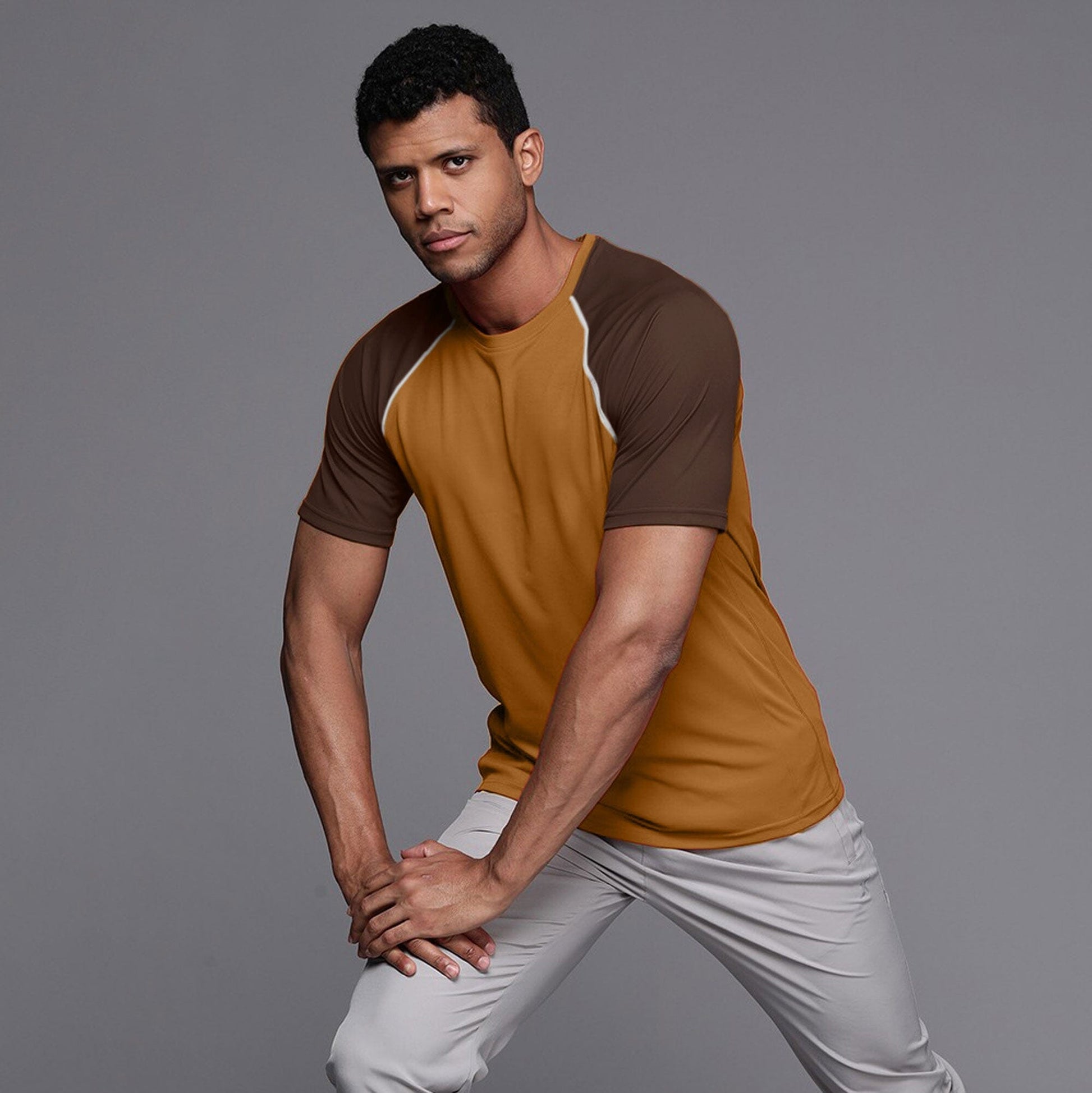 Men's Contrast Raglan Sleeve Classic Crew Neck Tee Shirt Men's Tee Shirt IBT Brown & Chocolate S 