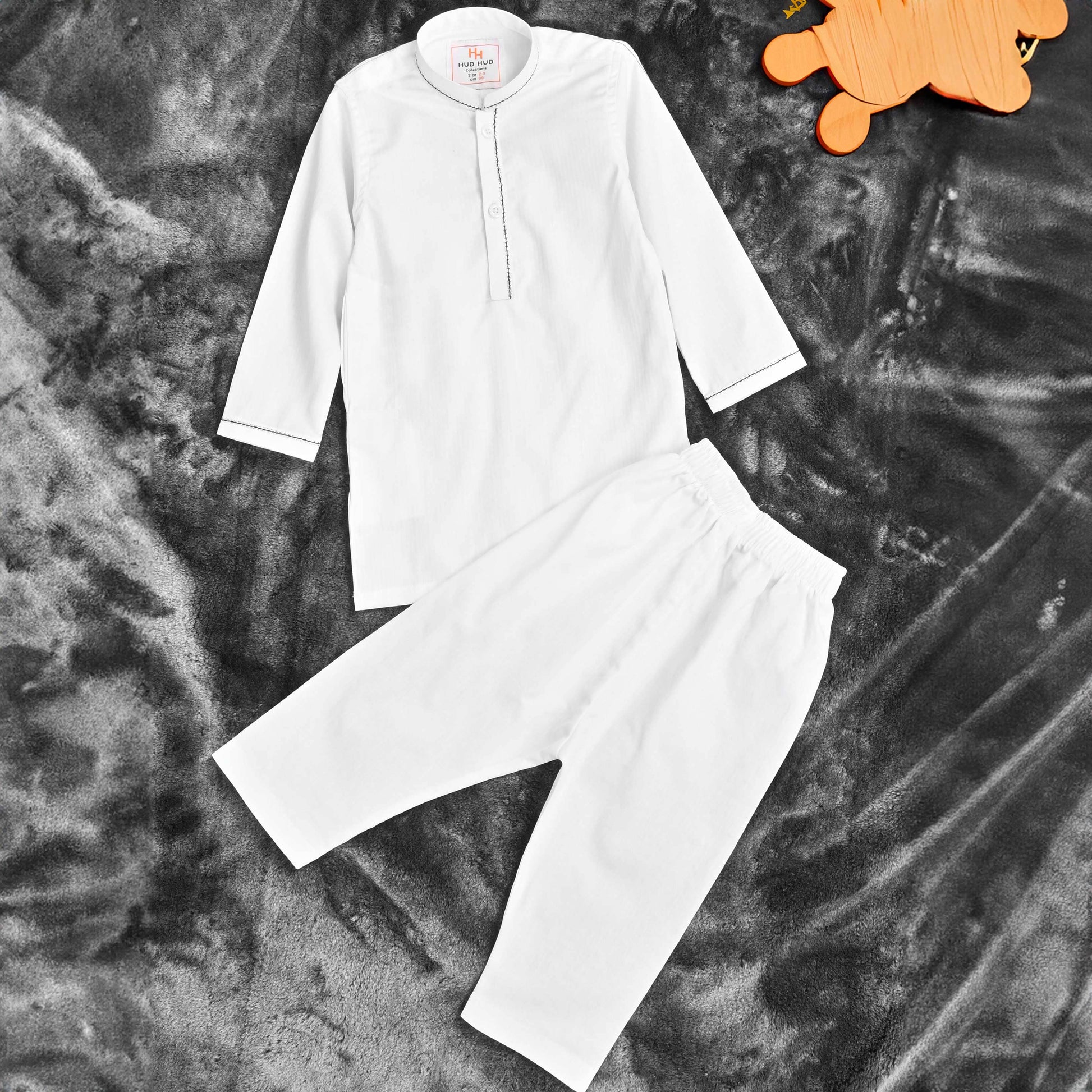 Hud Hud Boy's Mandarin Collar Classic Stitched Kurta Trousers Boy's Kurta MHJ White 7-8 Years 