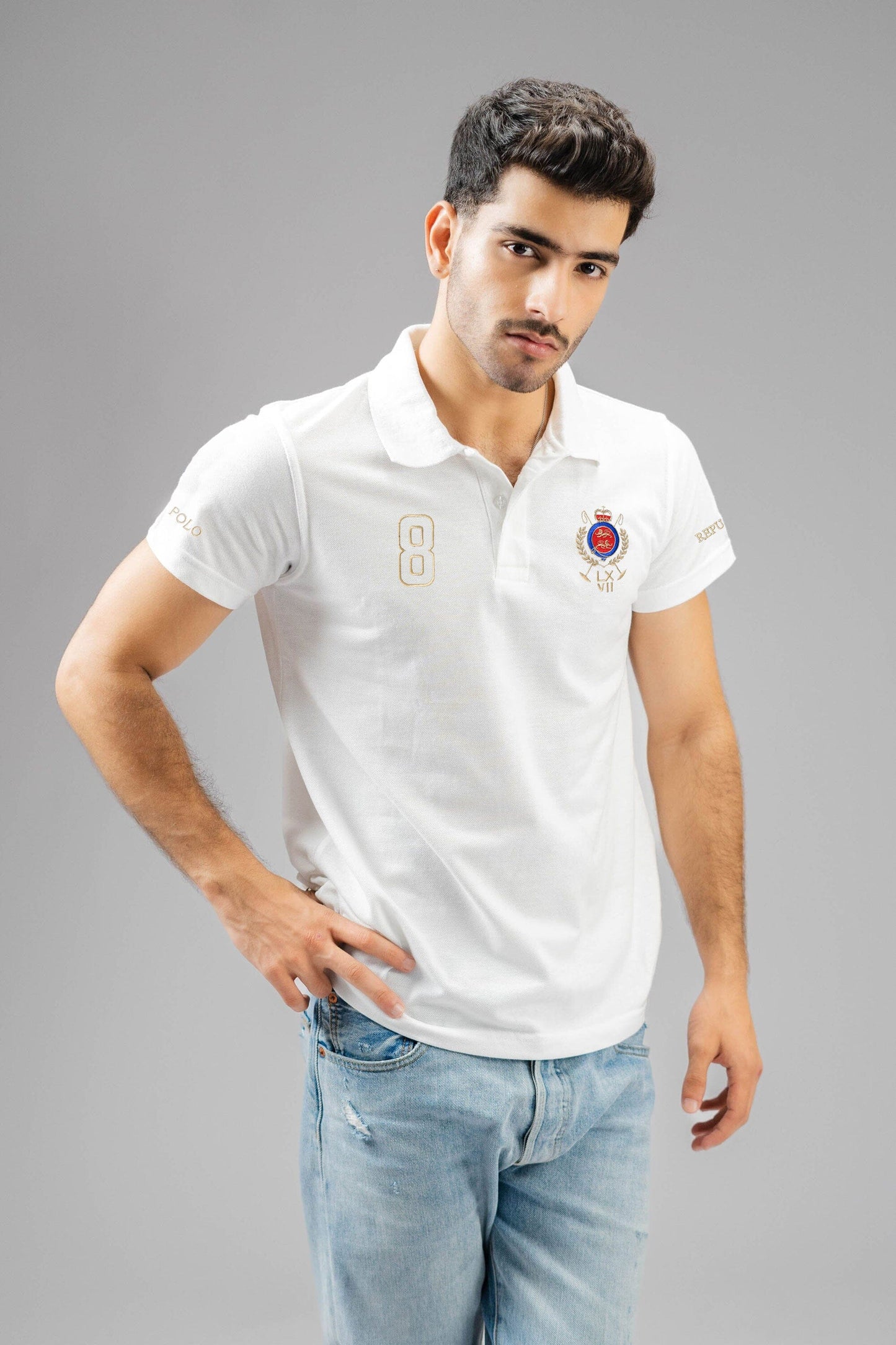 Polo Republica Men's Crest & Polo Republica 8 Embroidered Polo Shirt Men's Polo Shirt Polo Republica White S 