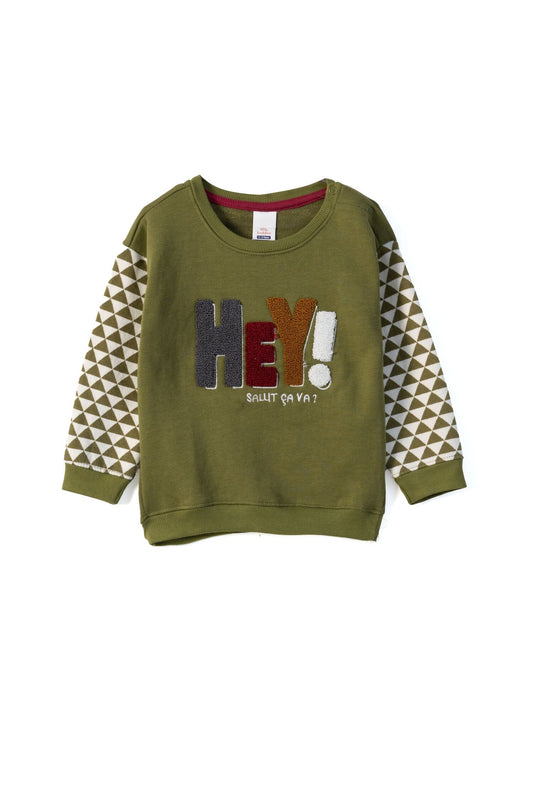 Little Buddies Kid's Hey Applique Terry Sweat Shirt Kid's Sweat Shirt Salman Rahim Olive 3-6 Months 