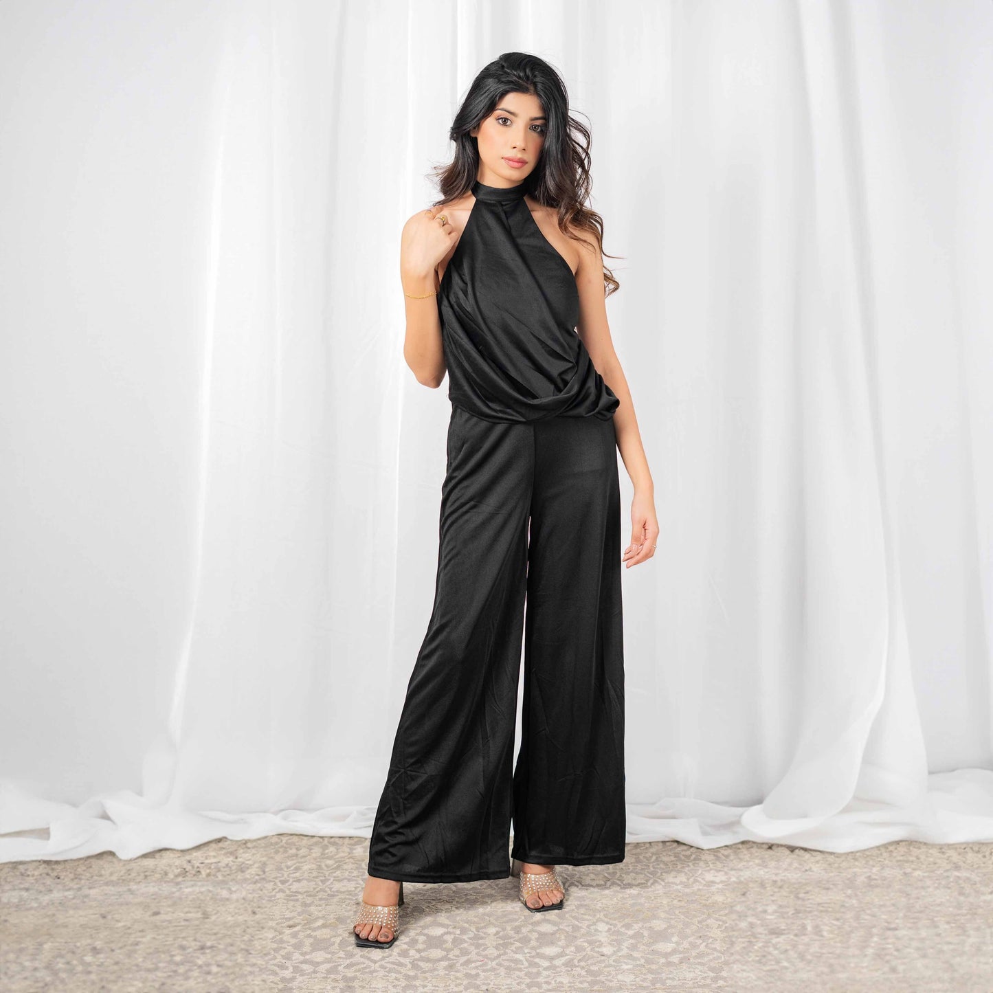 Women's Stripes Shoulder Wide Legs Jumpsuit Women's Dress HAS Apparel Black S 