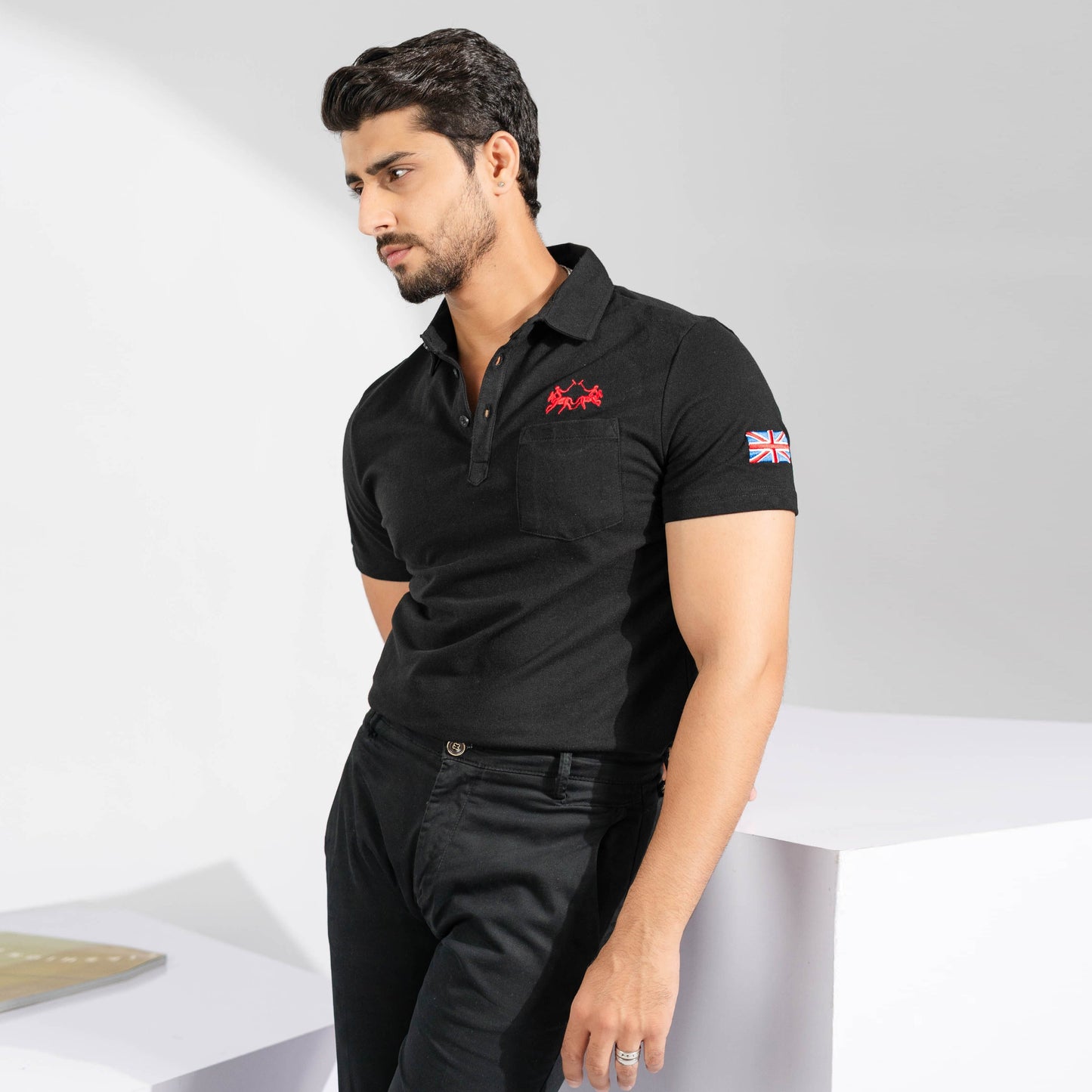 Polo Republica Men's Twin Rider 5 & England Flag Embroidered Pocket Polo Shirt Men's Polo Shirt Polo Republica Black S 