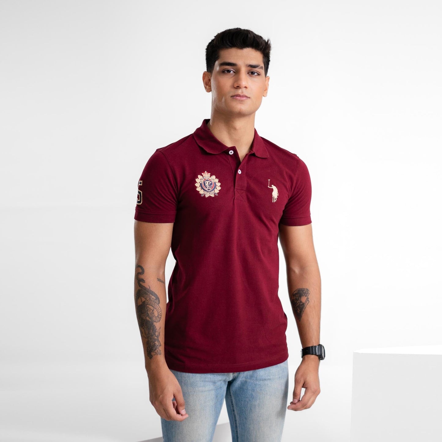 Polo Republica Men's Pony PRC & 5 Embroidered Short Sleeve Polo Shirt Men's Polo Shirt Polo Republica Maroon S 