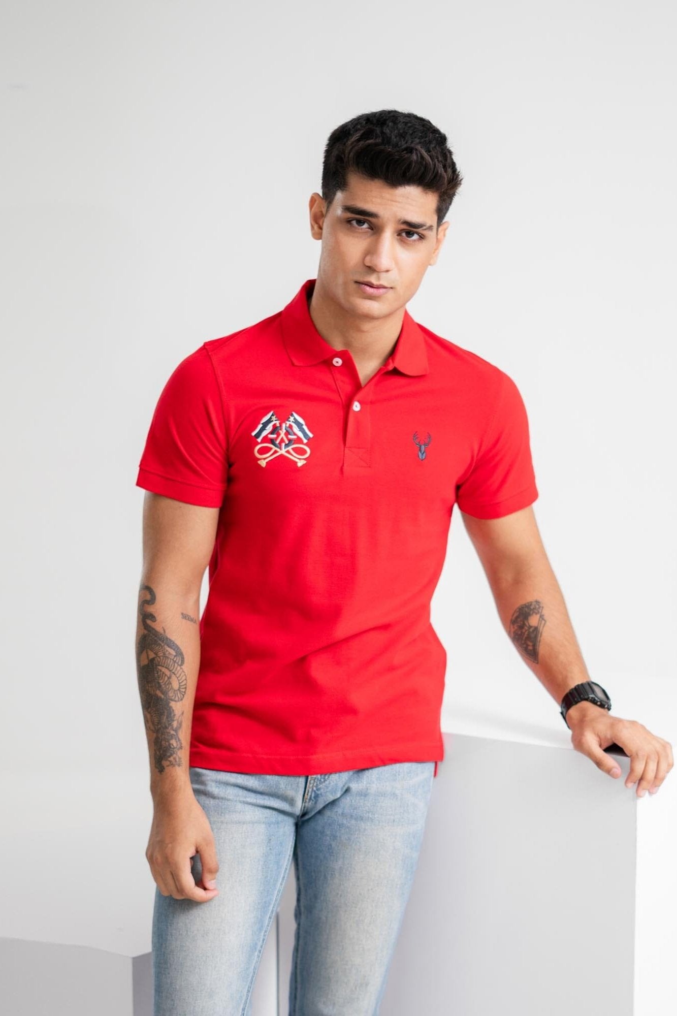 Polo Republica Men's Deer & Double Flag Embroidered Short Sleeve Polo Shirt Men's Polo Shirt Polo Republica Red S 