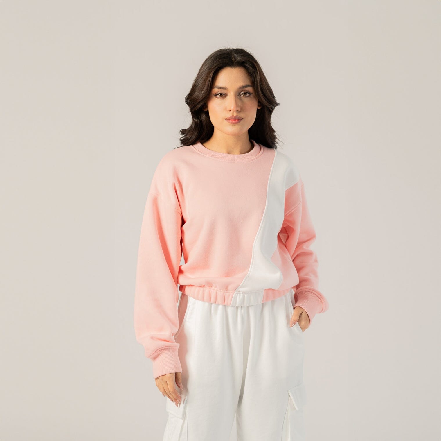 East West Women's Contrast Panel Fleece Sweat Shirt Women's Sweat Shirt East West Pink & White S 