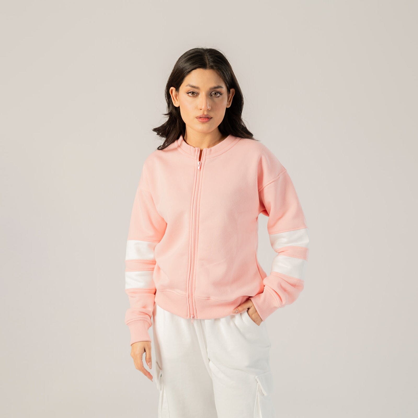 East West Women's Fleece Zipper Jacket Women's Sweat Shirt East West Pink & White S 