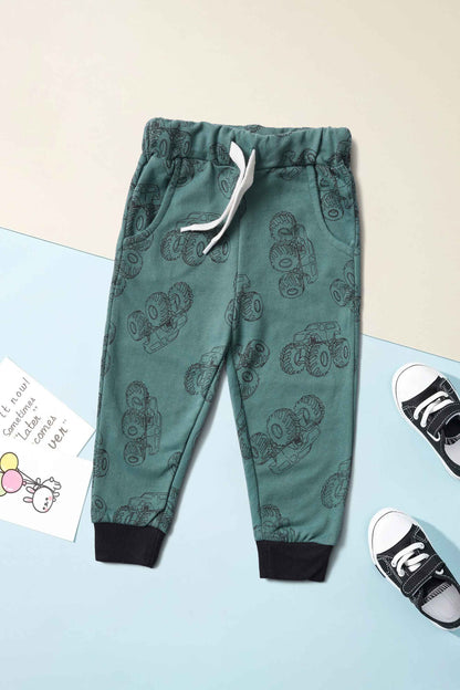 Baby Club Kid's Monster Truck Printed Terry Jogger Pants Kid's Jogger Pant Salman Rahim Teal 3-6 Months 