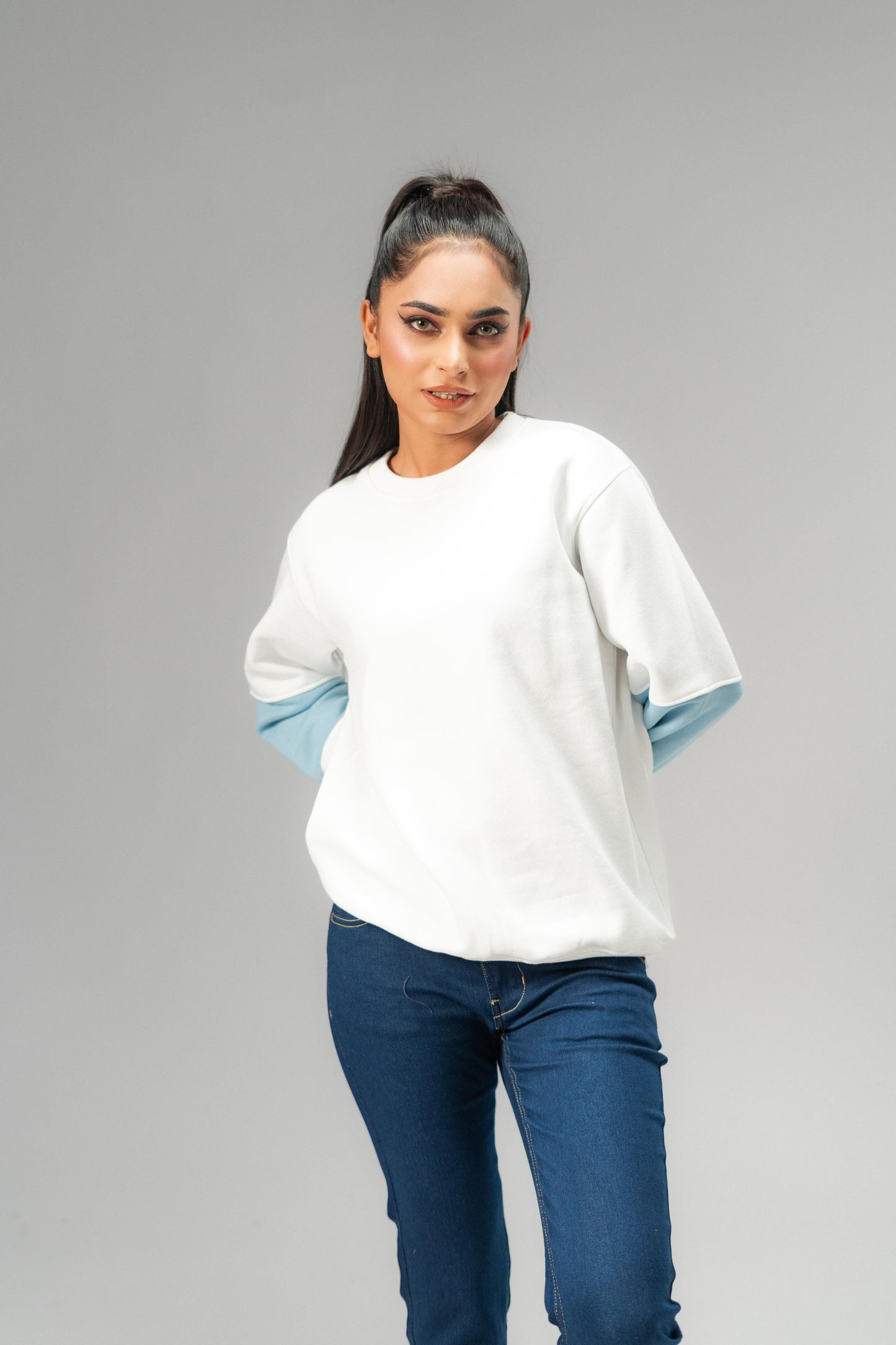 East West Women's Contrast Sleeves Fleece Sweat Shirt Women's Sweat Shirt East West 