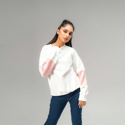 East West Women's Contrast Sleeves Fleece Sweat Shirt Women's Sweat Shirt East West White & Pink S 