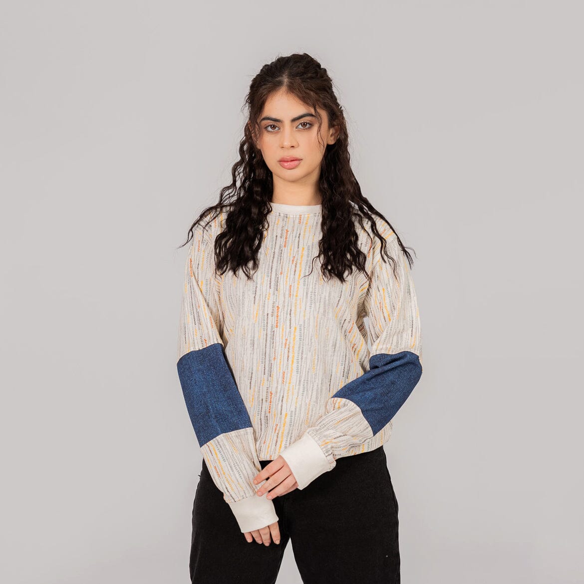 East West Women's Stripes Texture Digital Printed Terry Sweat Shirt Women's Sweat Shirt East West Off White S 