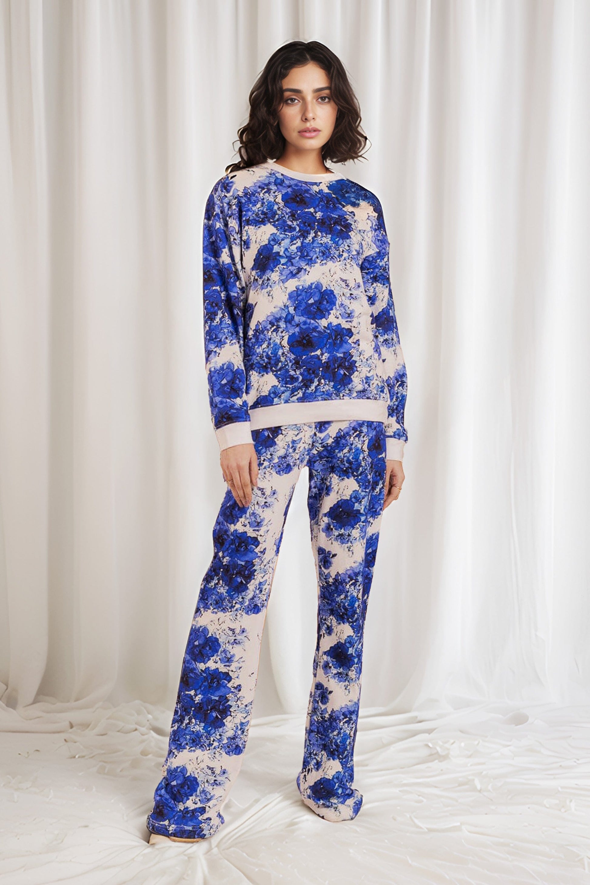 East West Women's Blue Flower Digital Printed Terry Co-Ord Set Women's Co Ord Set East West 