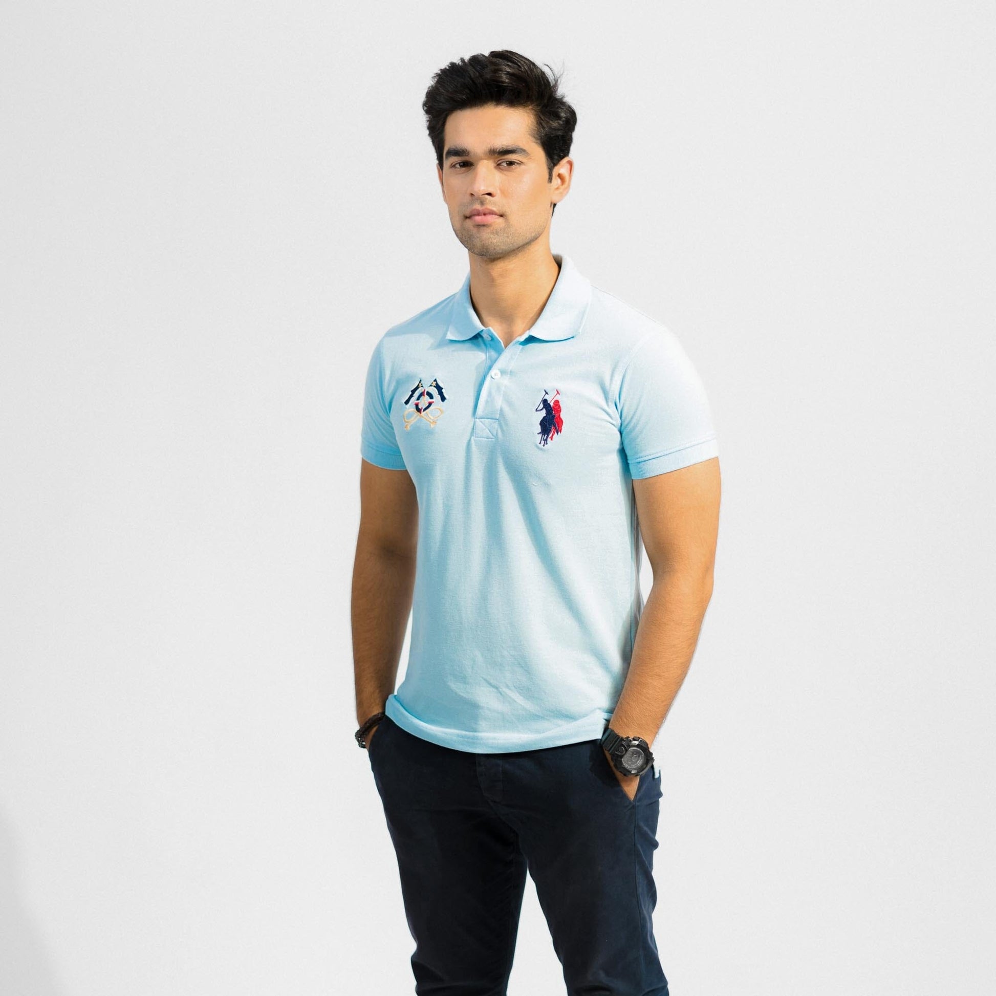 Polo Republica Men's Two Polo Horse Rider & Flag Crest Embroidered Polo Shirt Men's Polo Shirt Polo Republica Sky S 