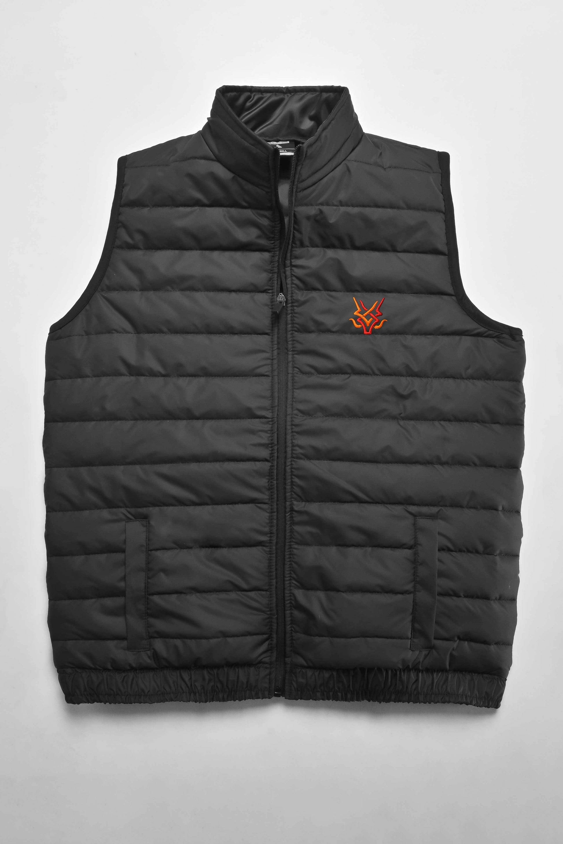 The Burnt Soul Men's Flame Crest Embroidered Sleeveless Puffer Gilet Men's Gilet IBT 