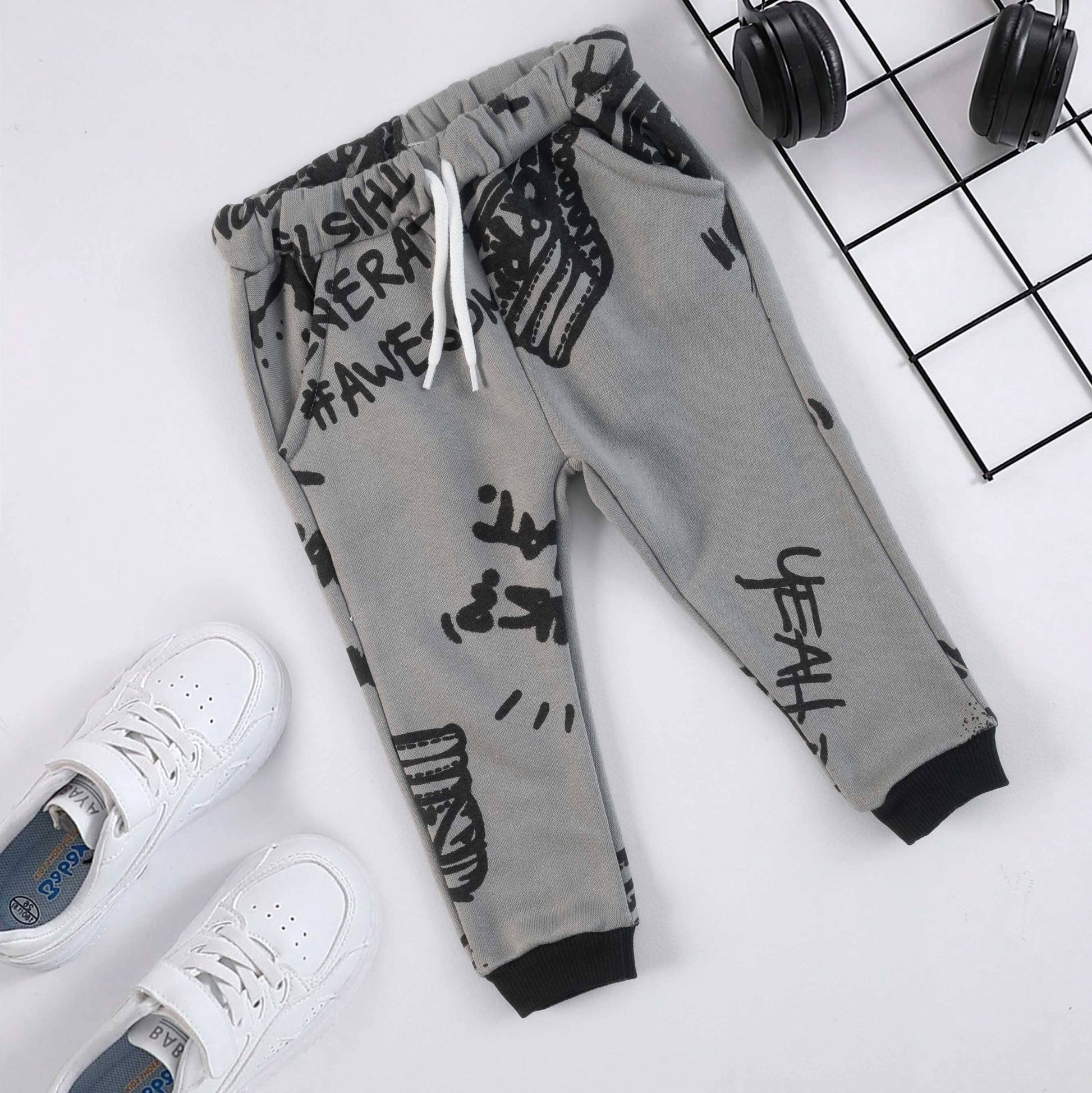 Lefties Boy's Yeah Bro Awesome Printed Fleece Jogger Pants Boy's Sweat Pants SNR Grey 9-12 Months 