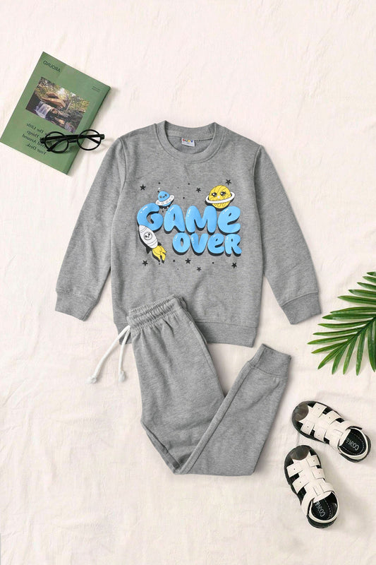 Dudy Kid's Game Over Printed Sweatshirt & Jogger Pants Kid's Sweat Shirt SZK PAKISTAN (Sale Basis) Grey 5-6 Years 