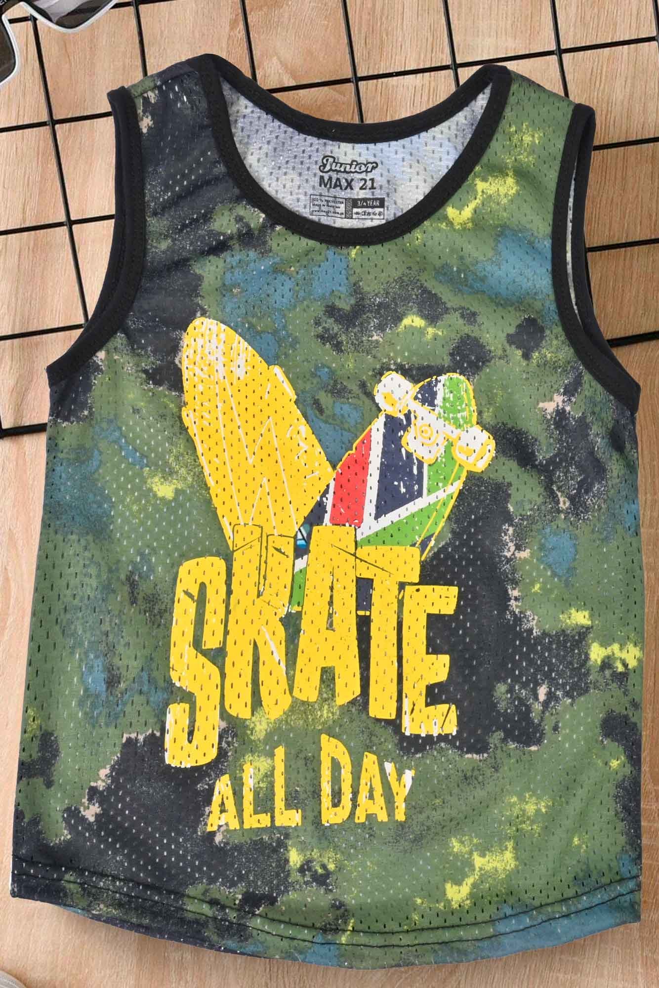 Junior Max 21 Skate All Day Printed Sleeveless Tank Boy's Tee Shirt SZK Bottle Green 3-4 Years 