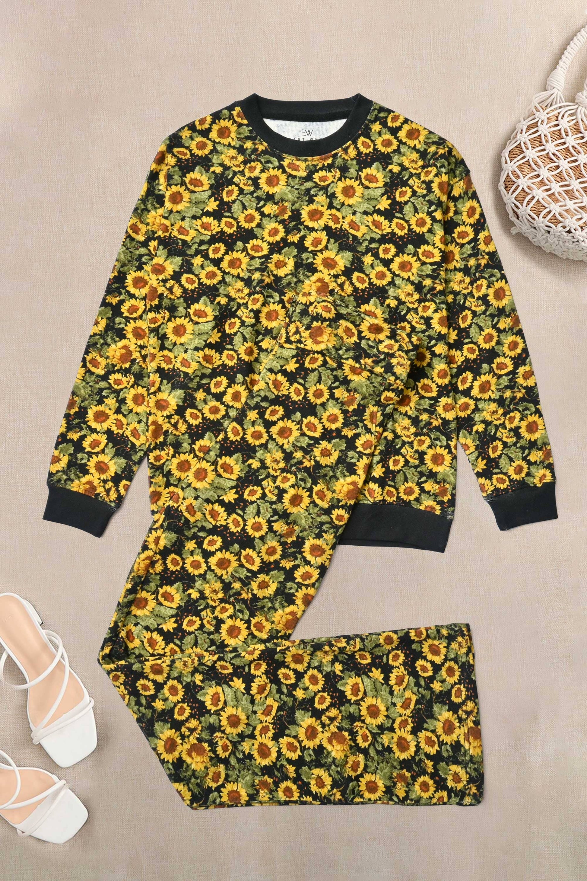 East West Women's Sun Flower Digital Printed Terry Co-Ord Set Women's Co Ord Set East West 