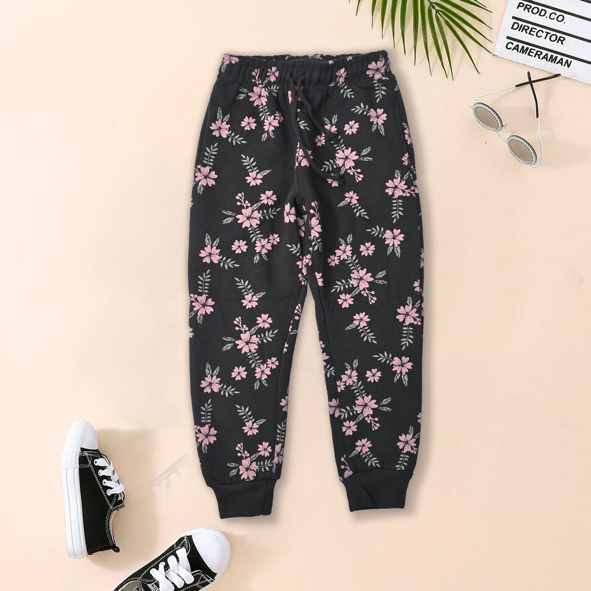 ABS Girl's Floral Printed Fleece Jogger Pants Girl's Trousers IST Black 4 Years 