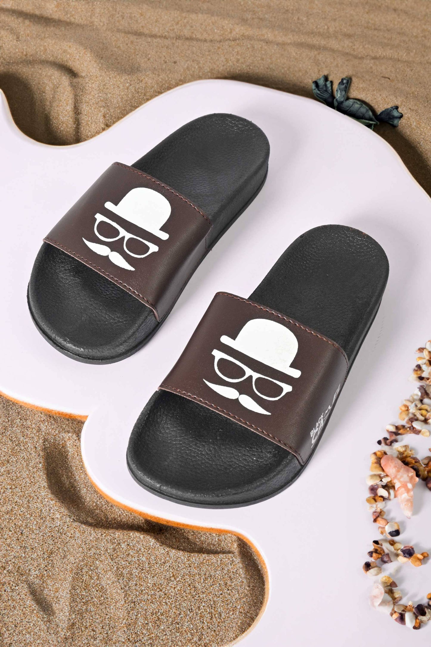 Black Camel Men's Mustache Printed Slides