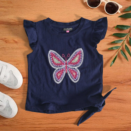 VC Girl's Butterfly Embroidered Short Sleeve Tee Shirt