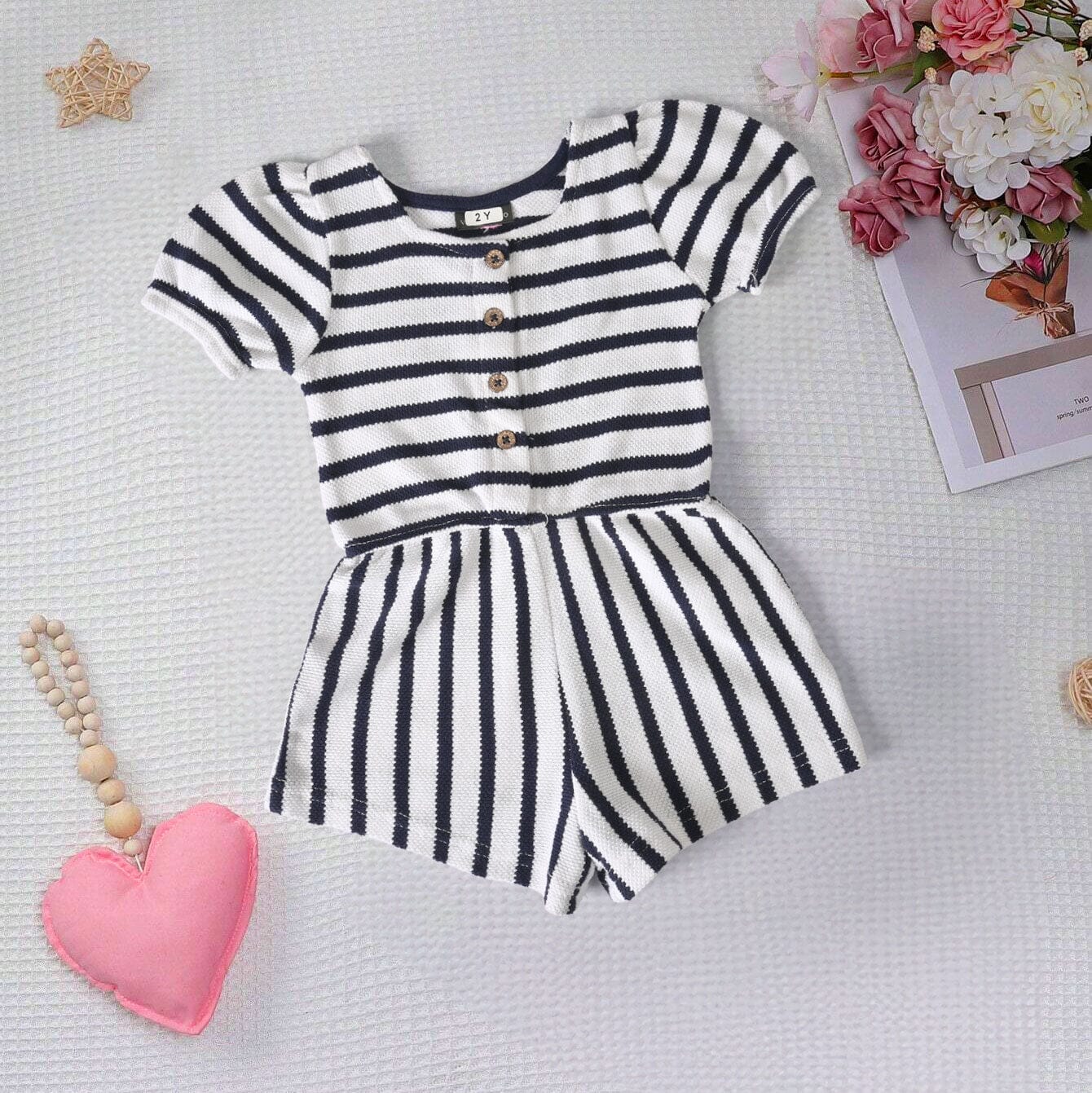 Girl's Short Sleeves Premium Romper Romper Haider Traders (Sale basis) White & Navy 2 Years 