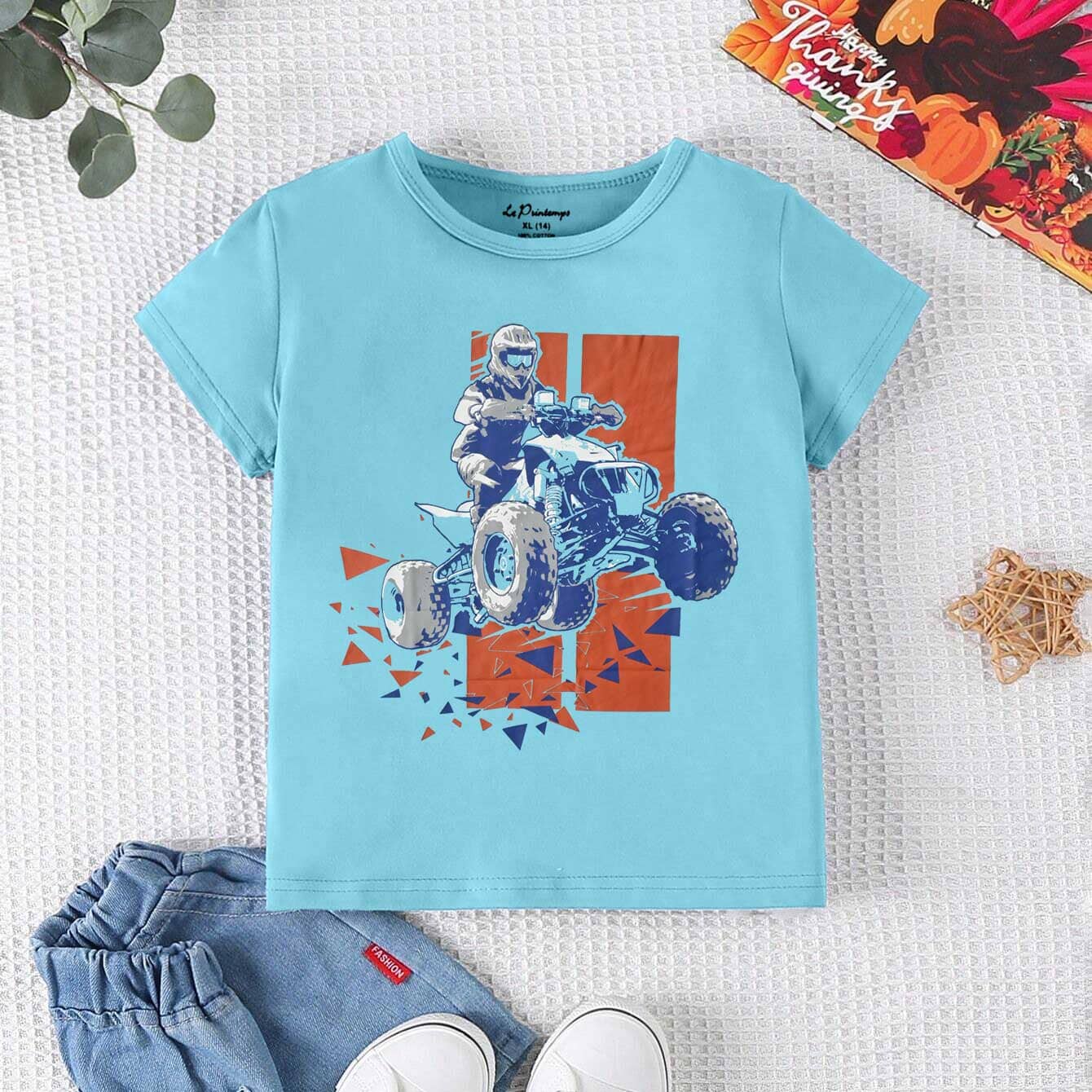 Le Printemps Boy's Quad Bike Printed Tee Shirt Boy's Tee Shirt Athar Traders Aqua XS(4 Years) 