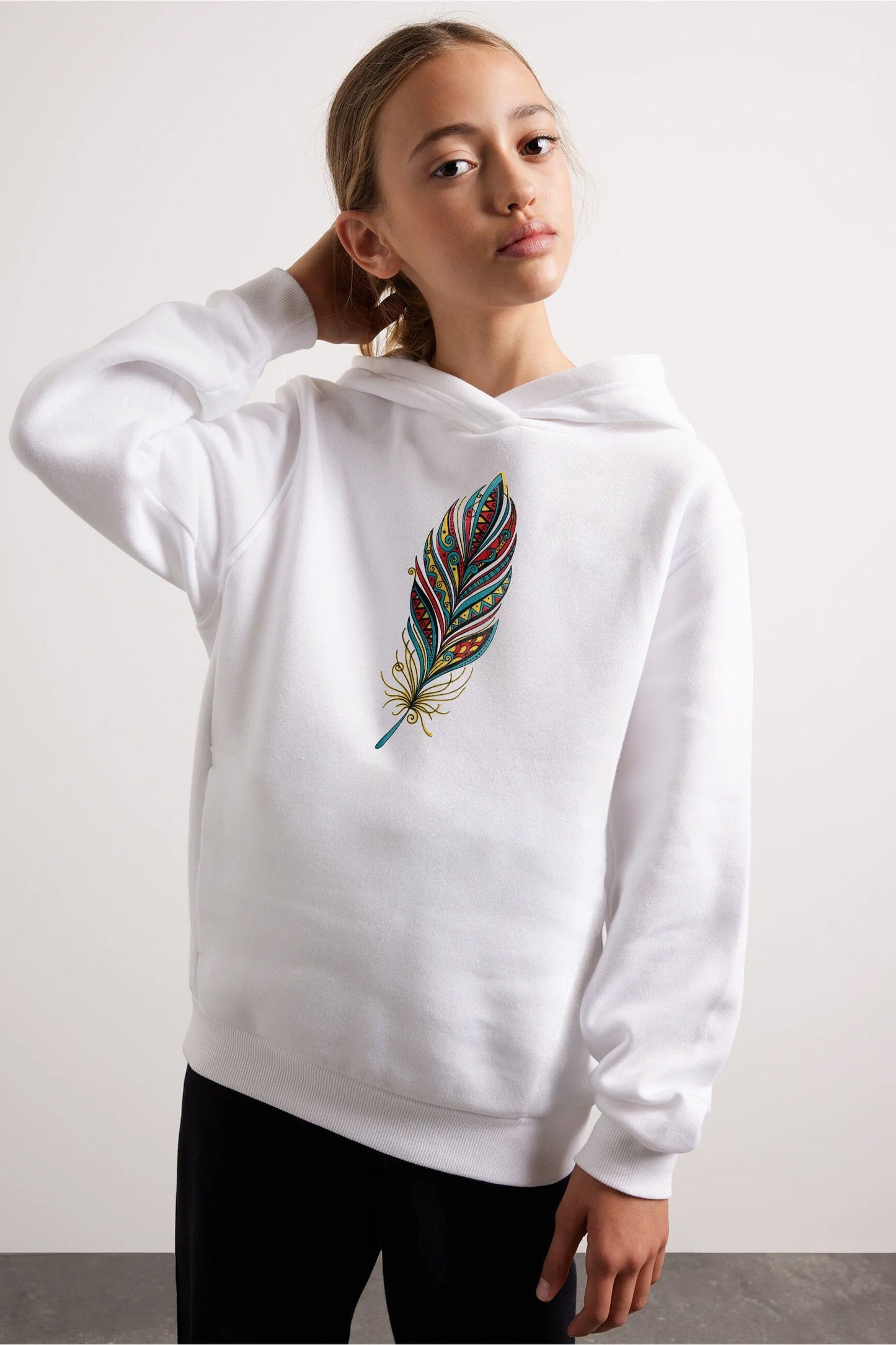 Code Girl's Feather Printed Fleece Pullover Hoodie Girl's Pullover Hoodie SZK 