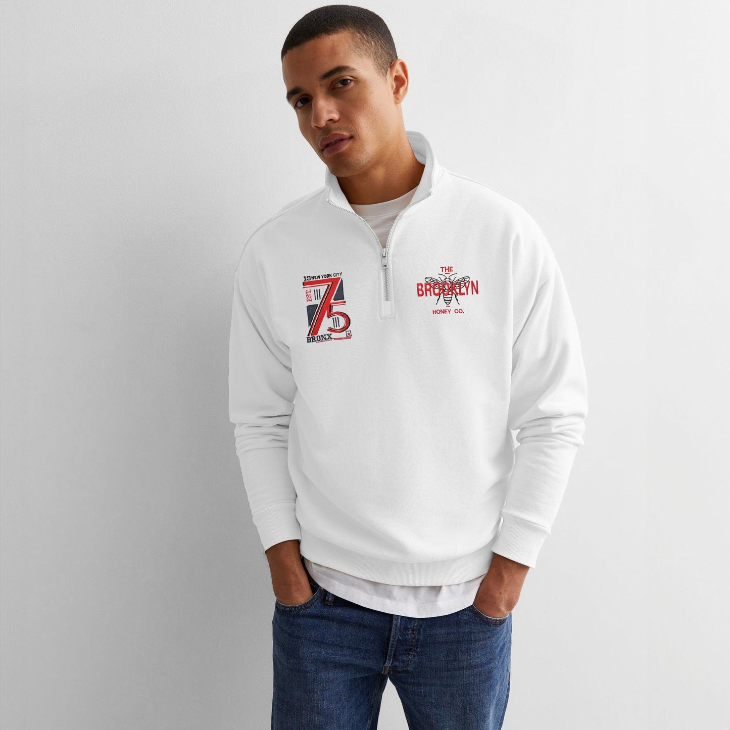 Polo Republica Men's Brooklyn 75 Embroidered Quarter Zipper Sweat Shirt Men's Sweat Shirt Polo Republica White S 