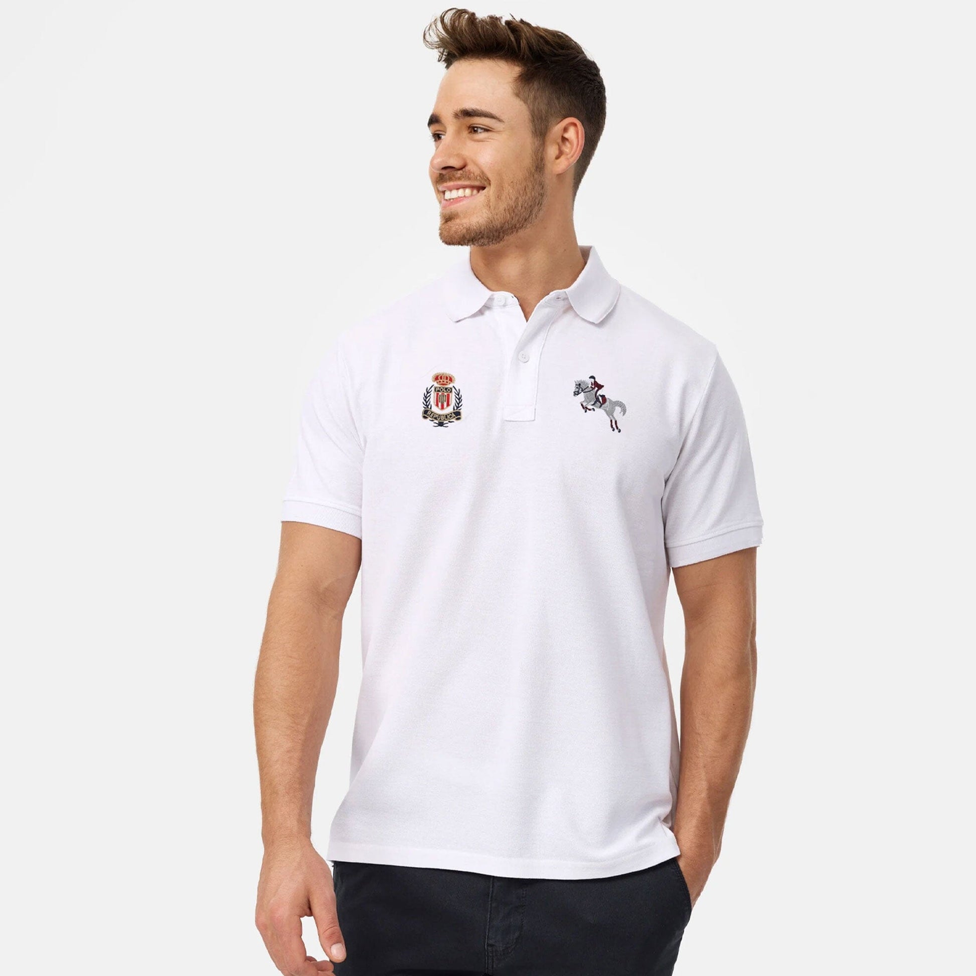 Polo Republica Men's Horse Rider & Polo Crest Embroidered Short Sleeve Polo Shirt Men's Polo Shirt Polo Republica White S 