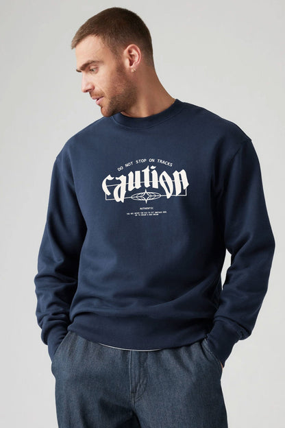 Tuman Men's Caution Printed Fleece Sweat Shirt Men's Sweat Shirt Polo Republica Navy XS 