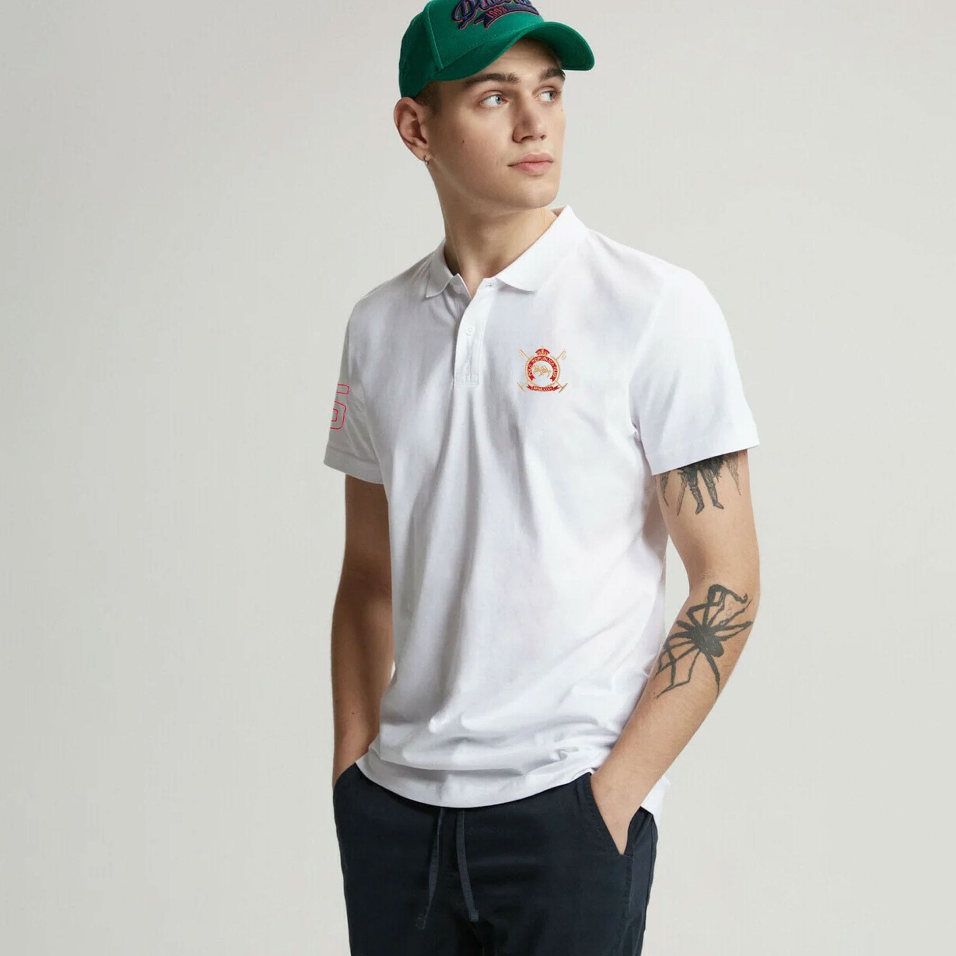 Polo Republica Men's Double Pony Crest & 5 Embroidered Short Sleeve Polo Shirt Men's Polo Shirt Polo Republica White S 