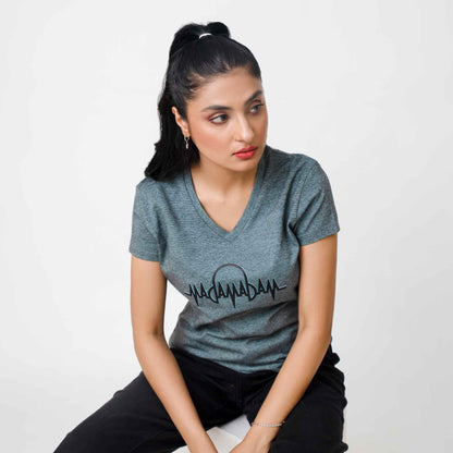 Madamadam Embellish Logo Women's V Neck Tee Shirt Women's Tee Shirt MADAMADAM Charcoal S 