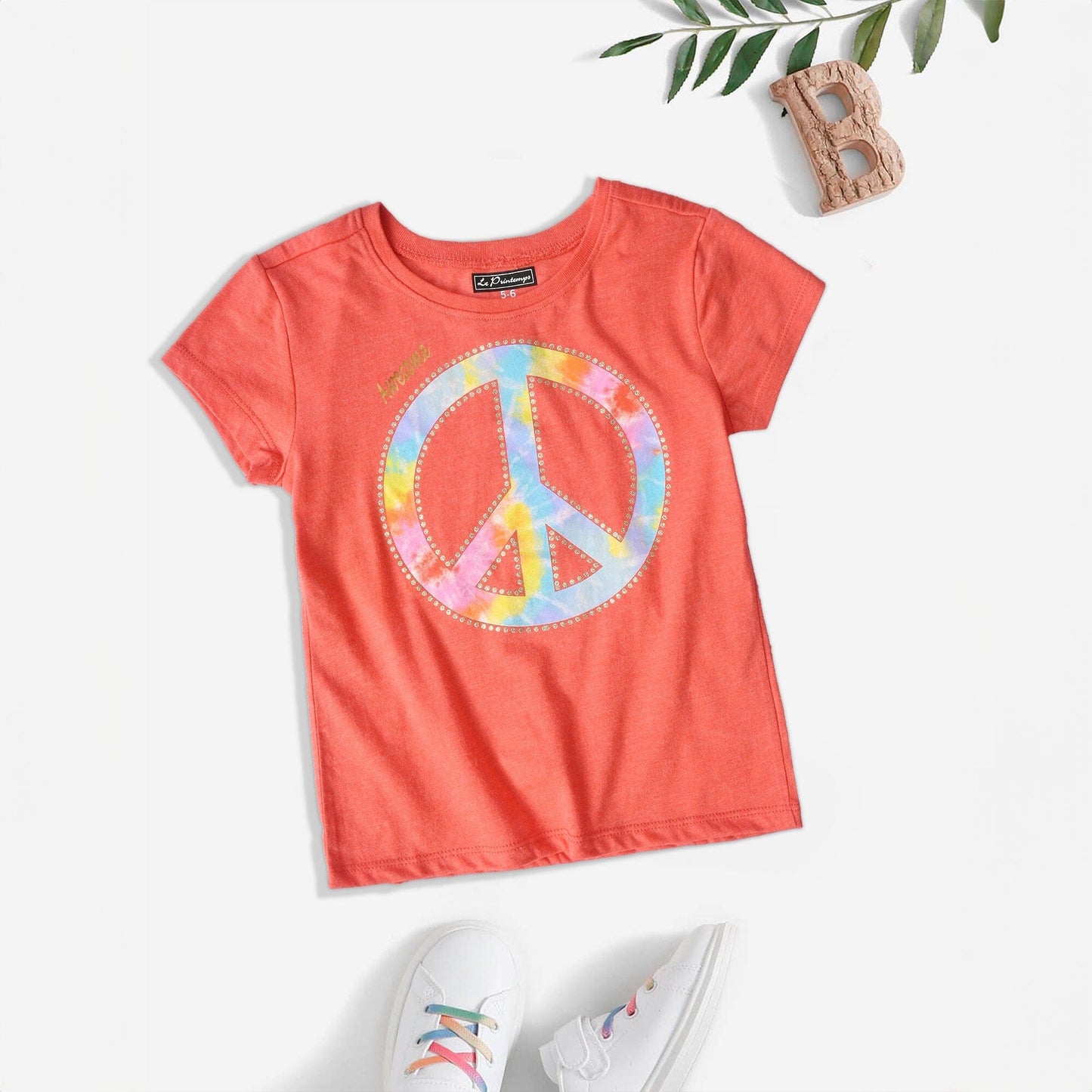 Le Printemps Girl's Peace Sign Printed Tee Shirt Men's Tee Shirt SNC Coral Red Awesome 4 Years